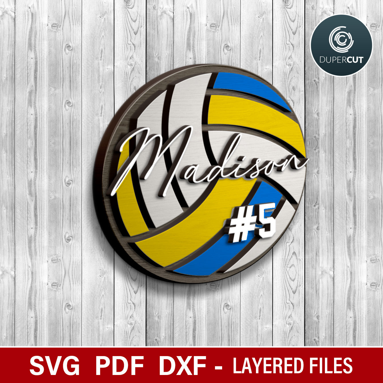 Layered volleyball sign, easy to make, dual-layer sport game balls, kids room decoration, personalized name sign template for laser cutting machines Glowforge, Xtool, Cricut, CNC plasma, scroll saw pattern by www.dupercut.com