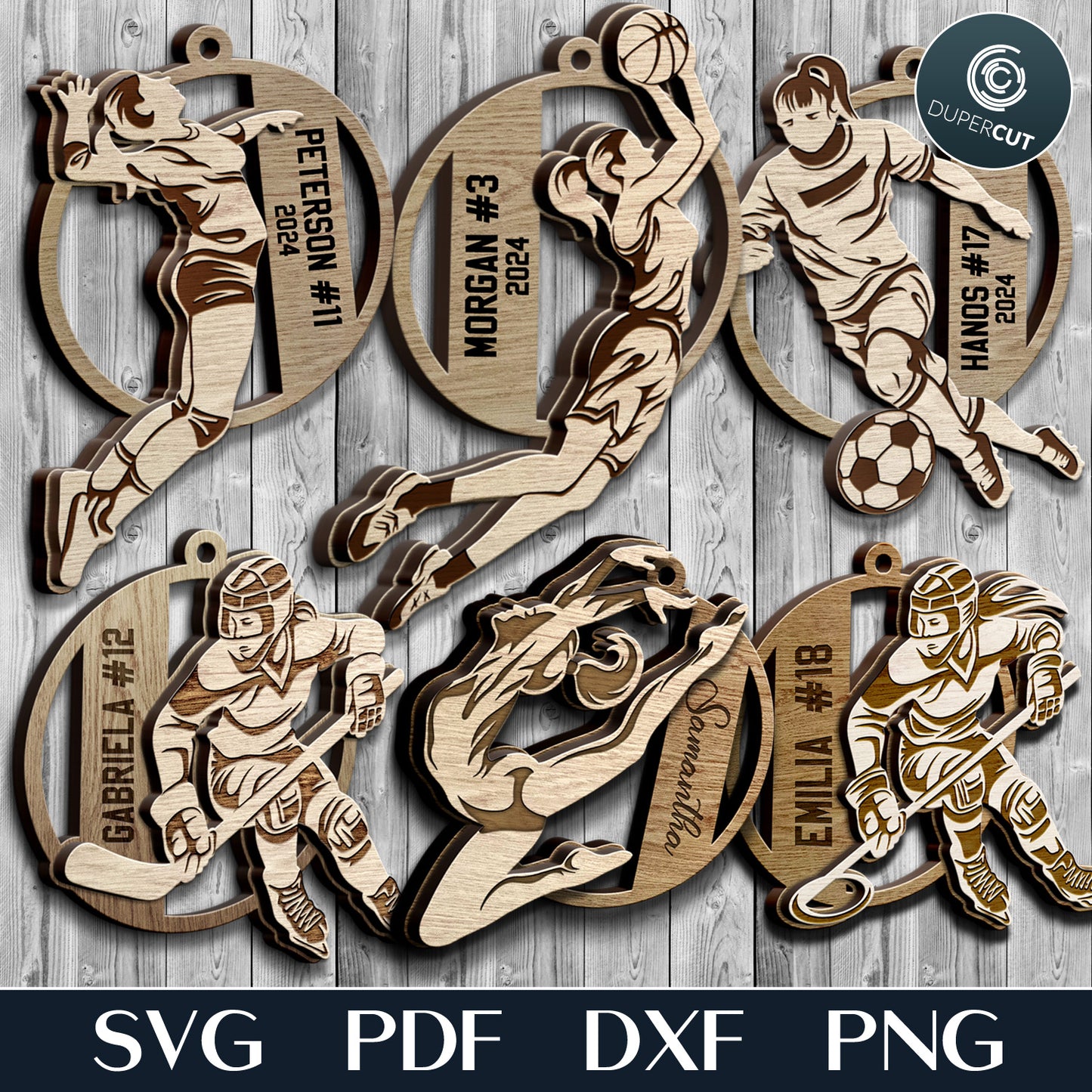 Female sports ornaments bundle - SVG vector layered files for laser cutting machines Glowforge, Xtool, Cricut, CNC plasma patterns by www.DuperCut.com