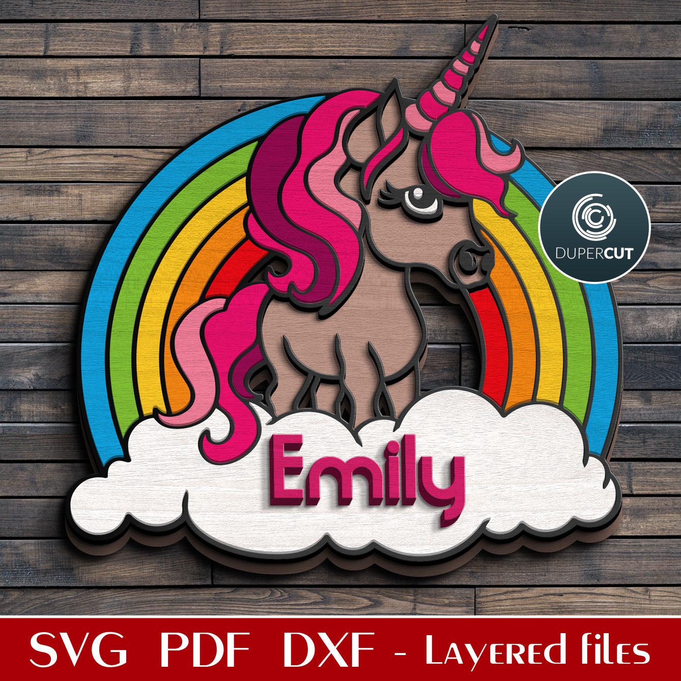 Unicorn rainbow clouds personalized room sign, add custom name - SVG DXF vector laser cutting files for Glowforge, Cricut, Silhouette, CNC plasma machines by www.DuperCut.com