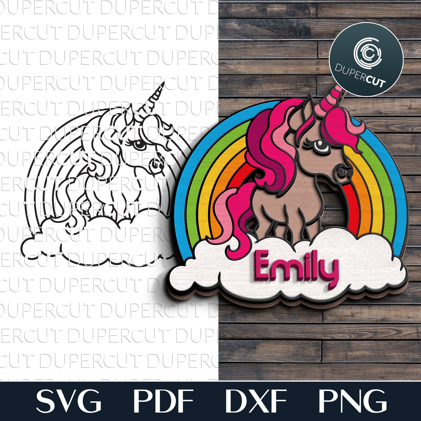 Cute unicorn with rainbow - SVG DXF vector laser cutting files for Glowforge, Cricut, Silhouette, CNC plasma machines by www.DuperCut.com