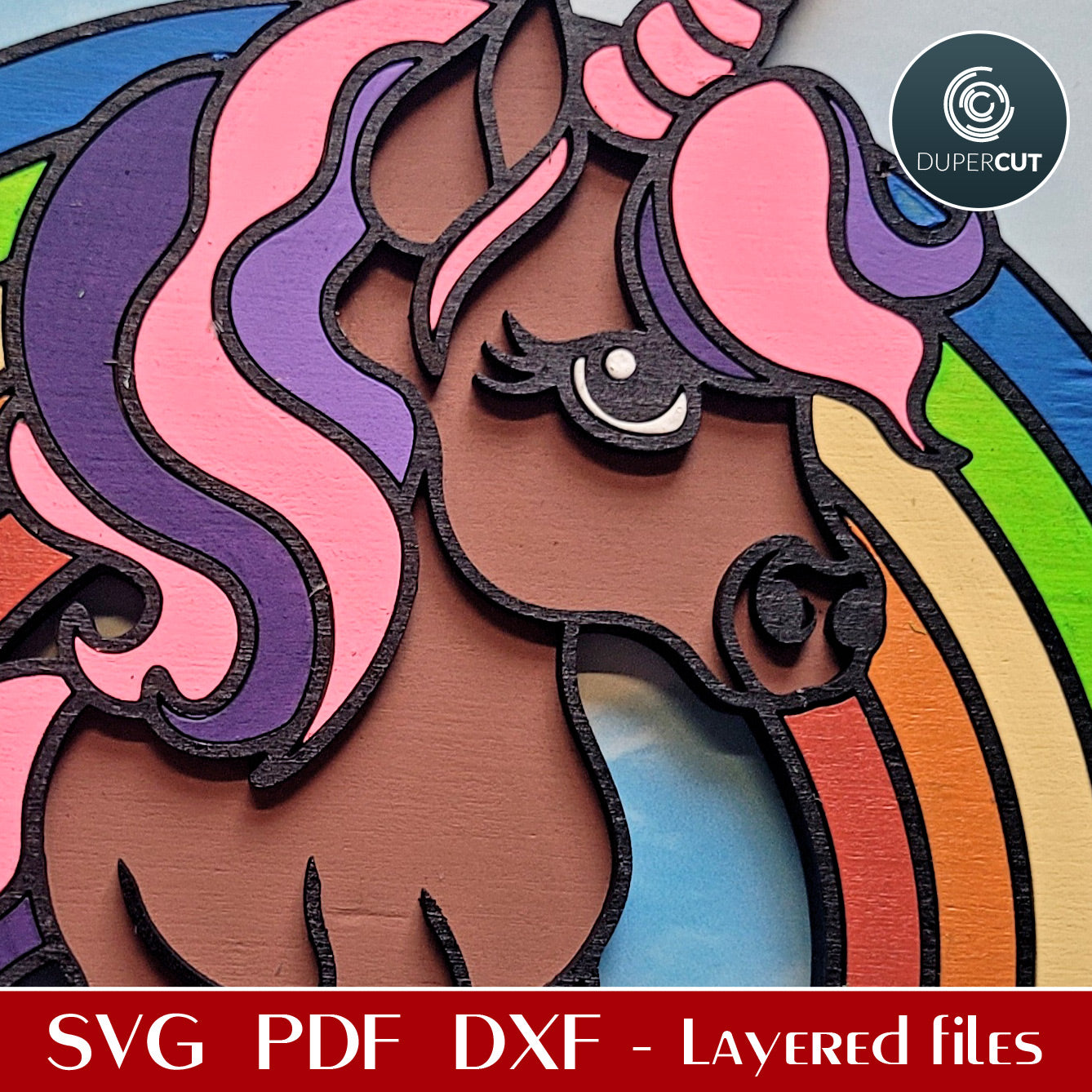 Unicorn with rainbow and clouds kids room sign - SVG DXF vector laser cutting files for Glowforge, Cricut, Silhouette, CNC plasma machines by www.DuperCut.com