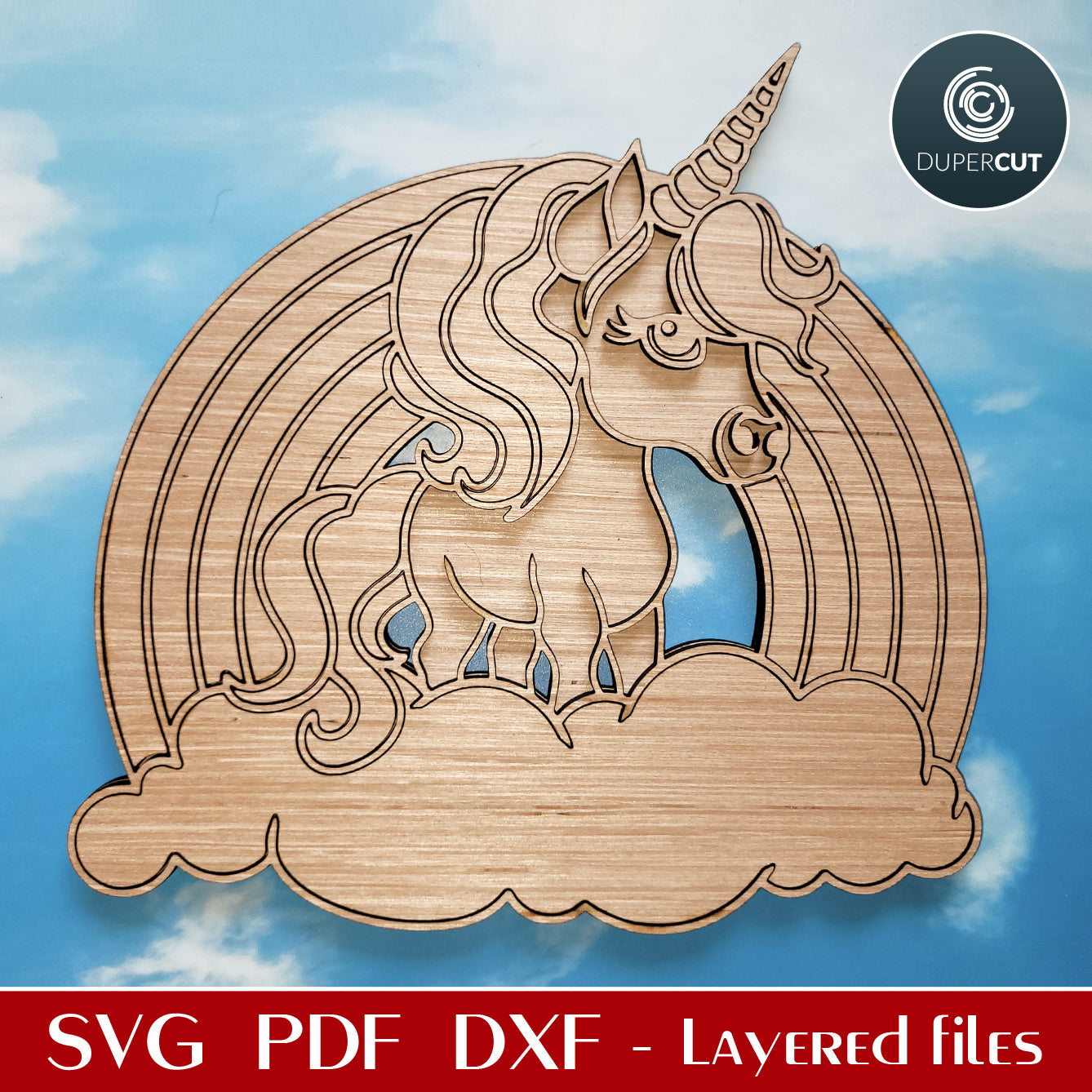Unicorn with rainbow and clouds kids room sign - SVG DXF vector laser cutting files for Glowforge, Cricut, Silhouette, CNC plasma machines by www.DuperCut.com