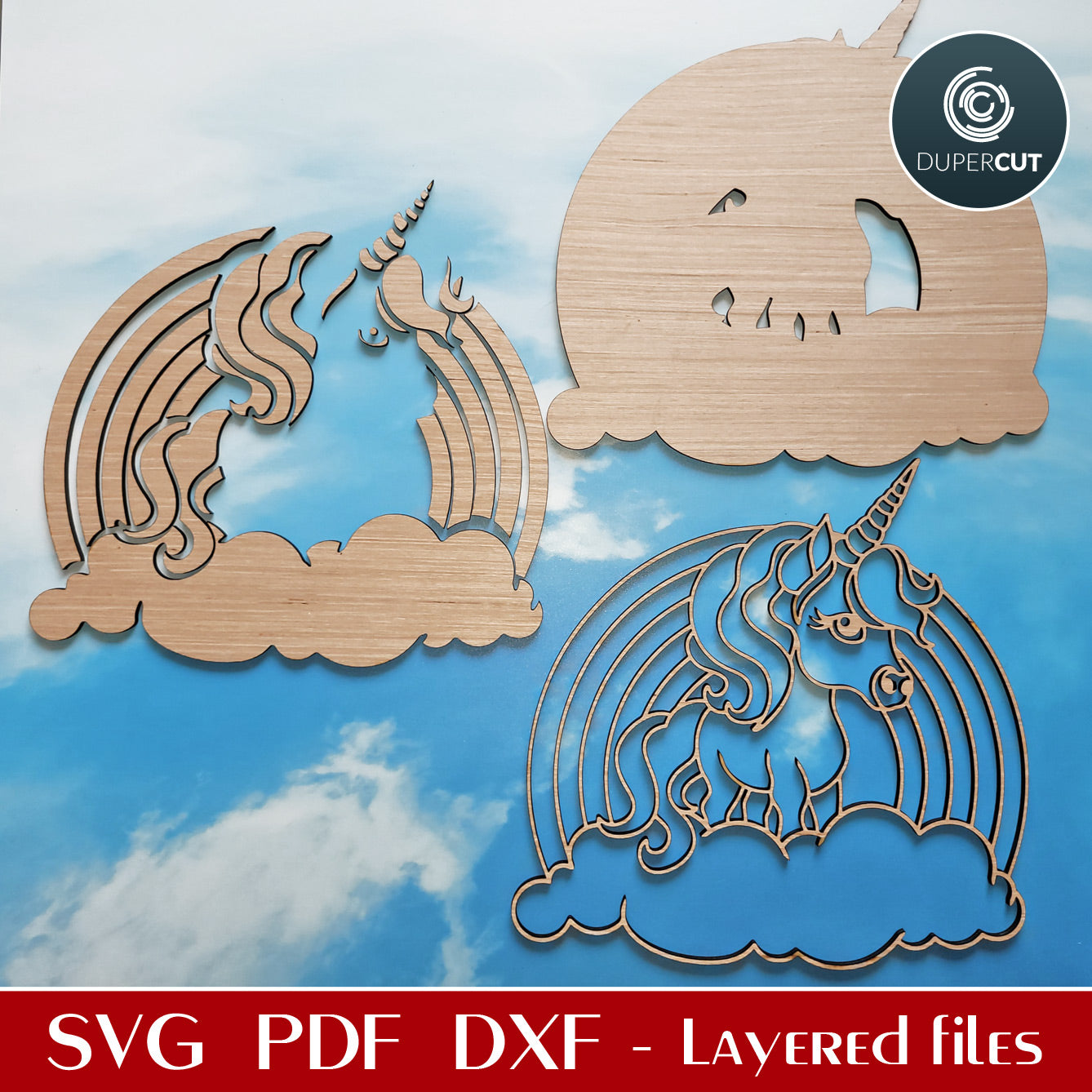 Unicorn with rainbow and clouds kids room sign - SVG DXF vector laser cutting files for Glowforge, Cricut, Silhouette, CNC plasma machines by www.DuperCut.com