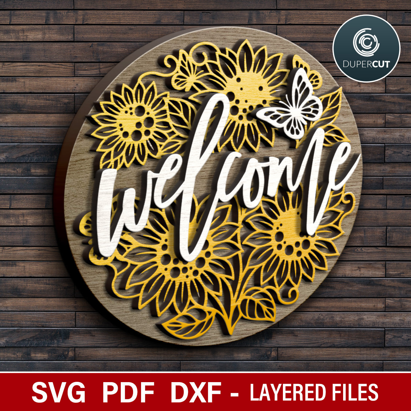 Sunflower butterflies summer welcome sign door hanger SVG DXF PDF vector template file for Glowforge, Xtool, Cricut, CNC plasma machines, scroll saw pattern by www.dupercut.com