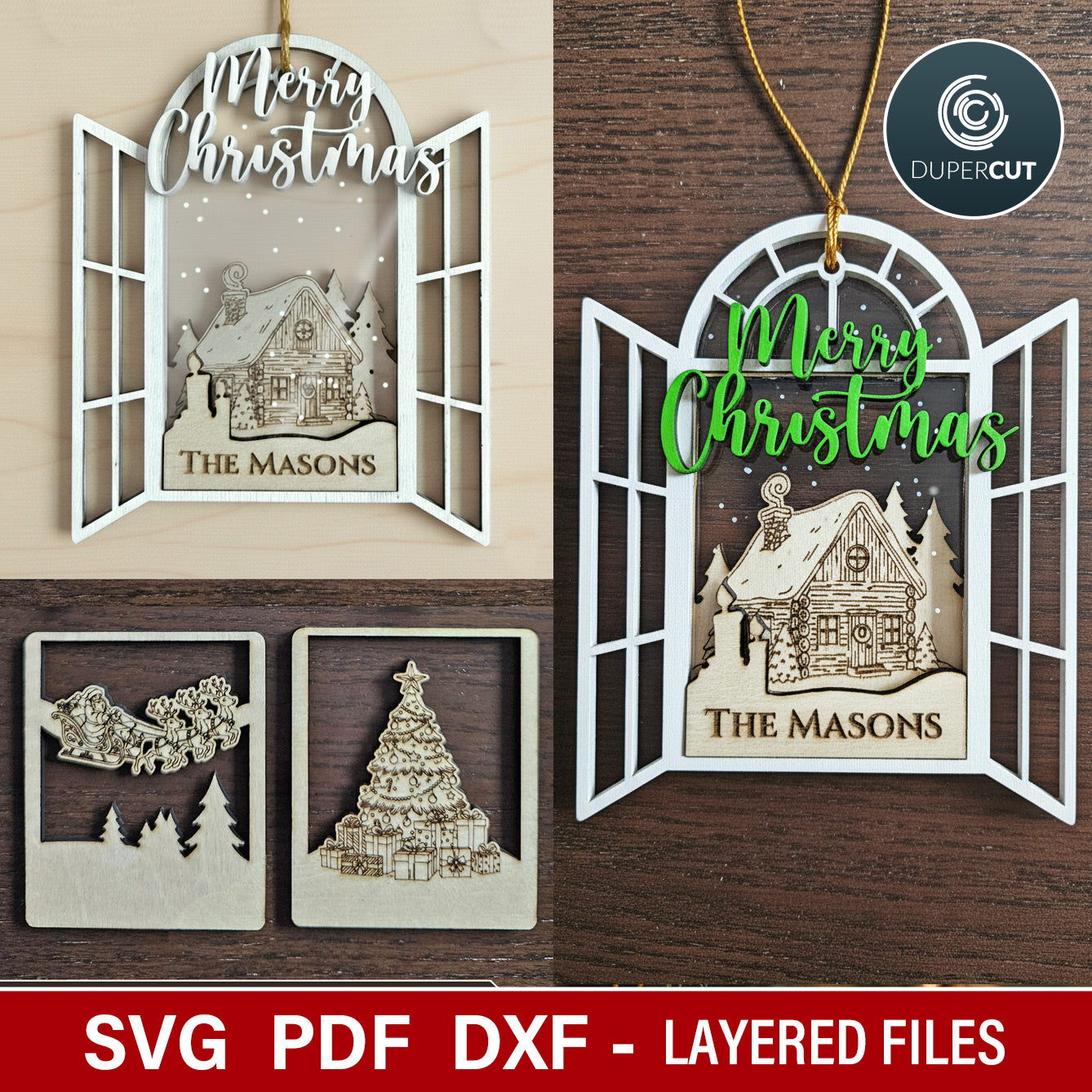Winter scene window ornaments, SVG file vector template for laser cutting Glowforge, Xtool, Cricut, CNC plasma machines by www.DuperCut.com