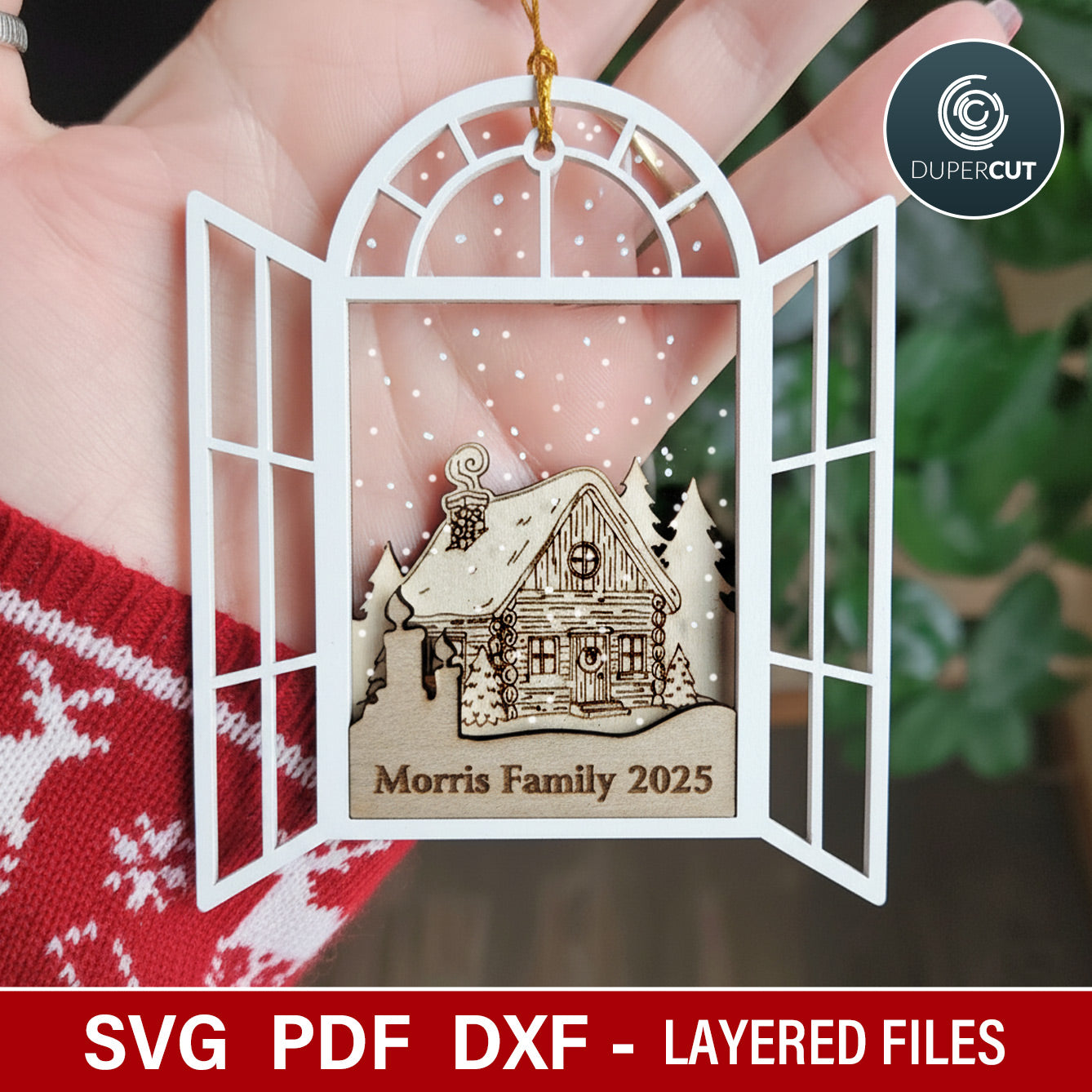 Open window Christmas ornaments, SVG file vector template for laser cutting Glowforge, Xtool, Cricut, CNC plasma machines by www.DuperCut.com