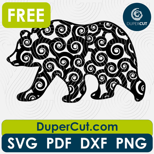 Curly abstract bear - free SVG PNG DXF vector files for laser and blade cutting machines. Glowforge, Cricut, Silhouette cameo templates by www.DuperCut.com