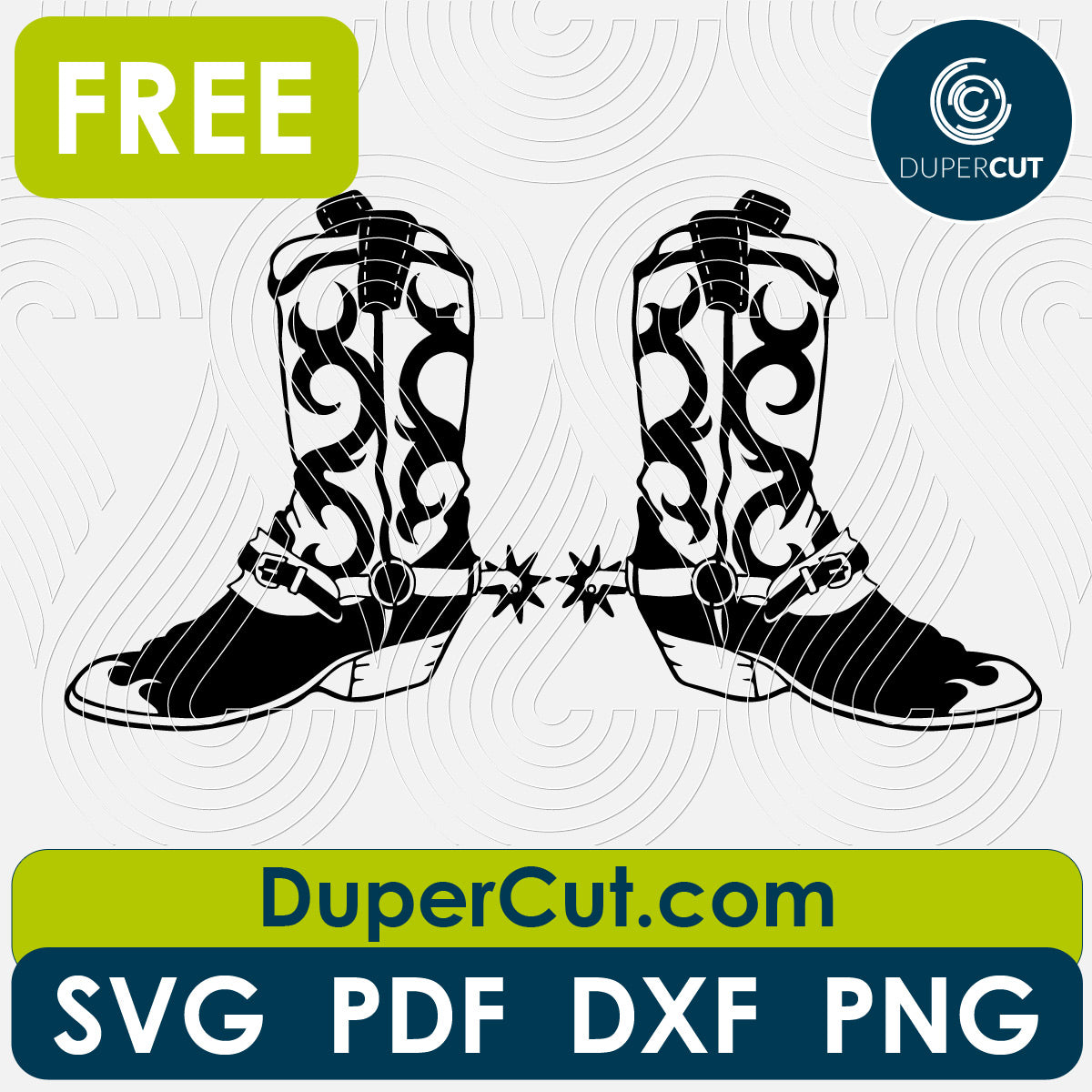 Cowboy boots - free SVG PNG DXF vector files for laser and blade cutting machines. Glowforge, Cricut, Silhouette cameo templates by www.DuperCut.com
