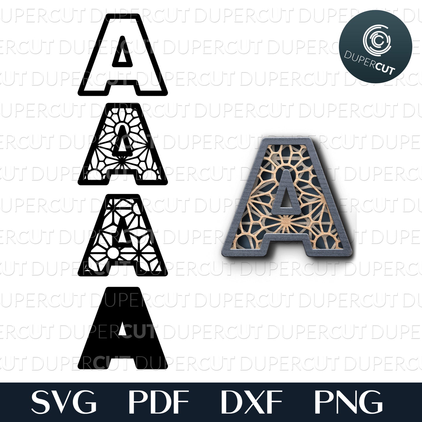Zentangle letters layered cut files - whole alphabet. SVG PNG DXF cutting files for Cricut, Glowforge, Silhouette cameo, laser engraving