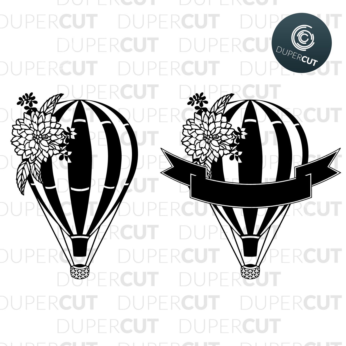 Paper cutting template - Hot Air Balloons with flowers, easy project for beginners - SVG PNG DXF files for cutting machines: Cricut, Silhouette Cameo, Glowforge, CNC
