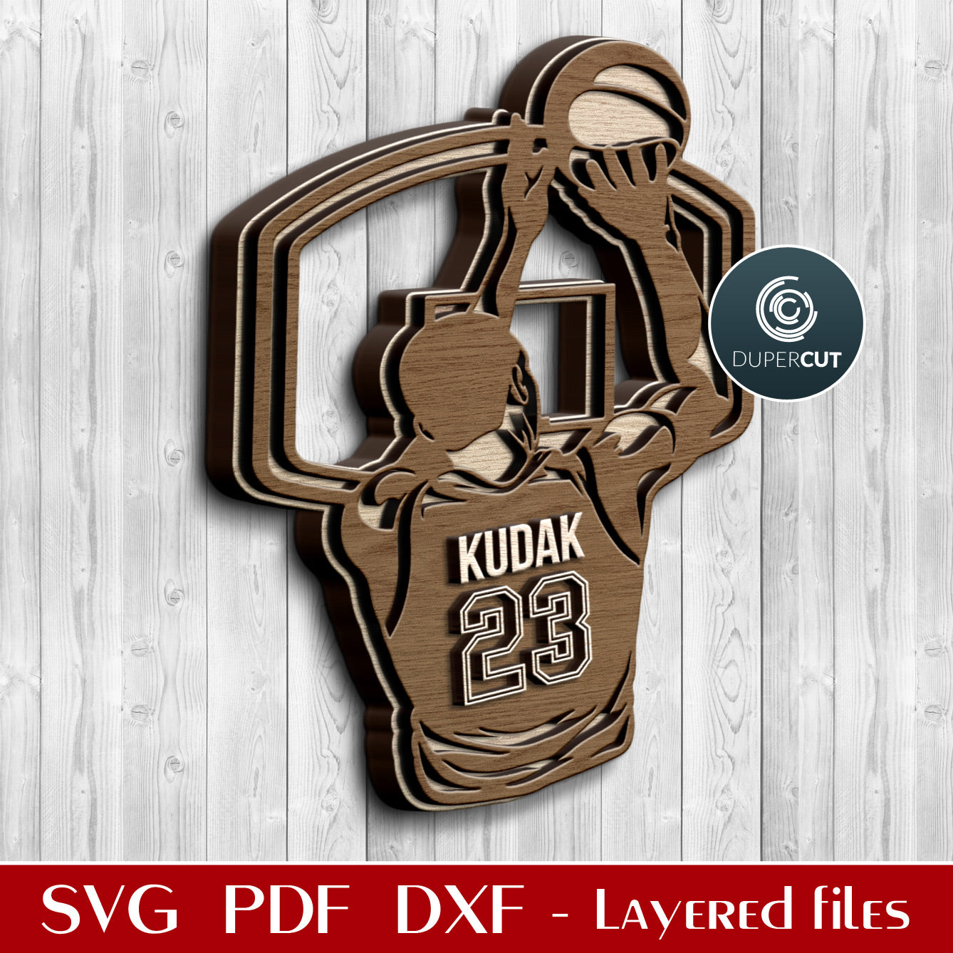 Personalized jersey Basketball sign - SVG EPS DXF vector layered files for Glowforge, Cricut, Silhouette Cameo, CNC plasma machines, scrollsaw pattern by www.DuperCut.com