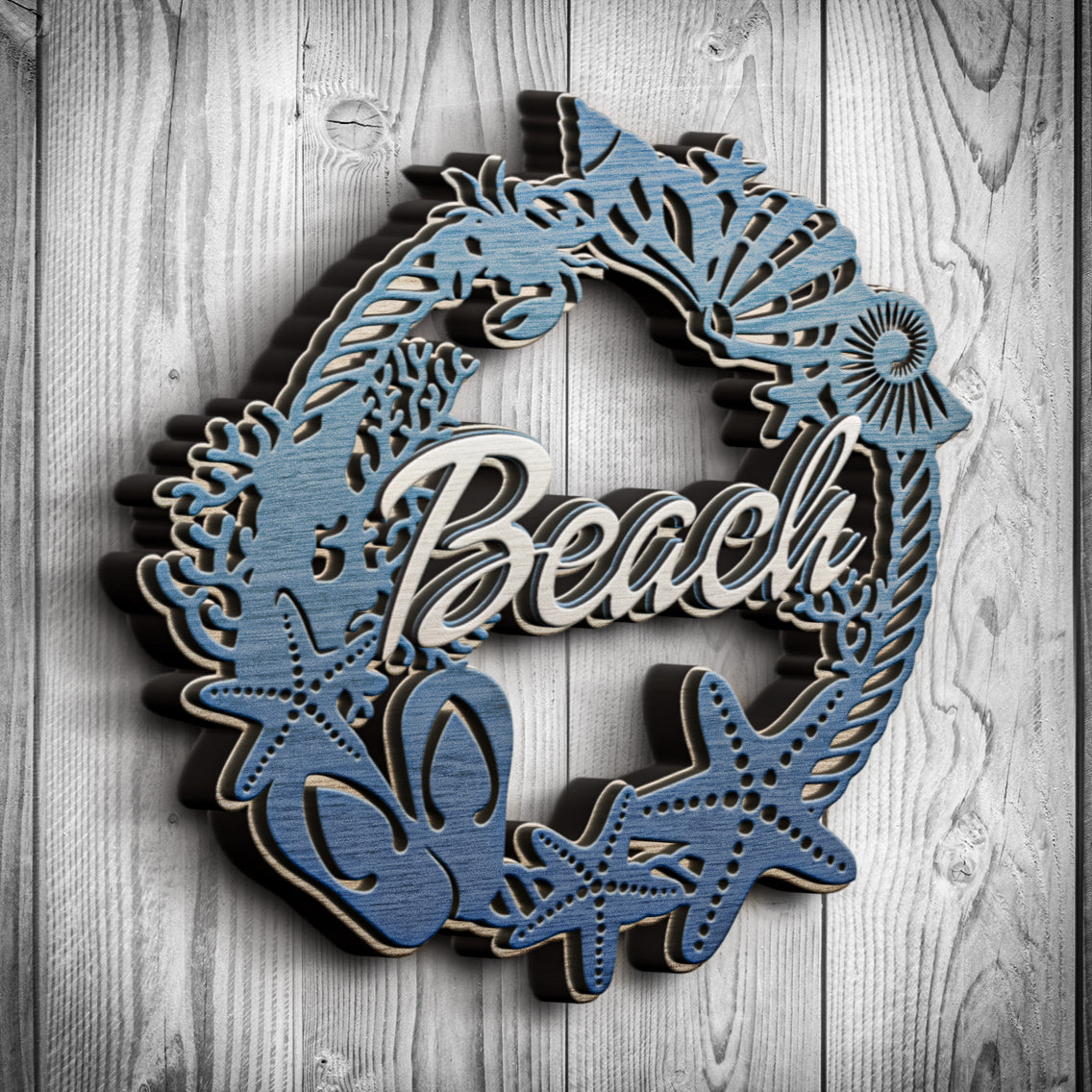 Seashells beach wreath, layered files, cottage decoration. Layered laser files. SVG JPEG DXF files. Template for paper cutting, laser cutting. For use with Cricut, Glowforge, Silhouette Cameo, CNC machines.