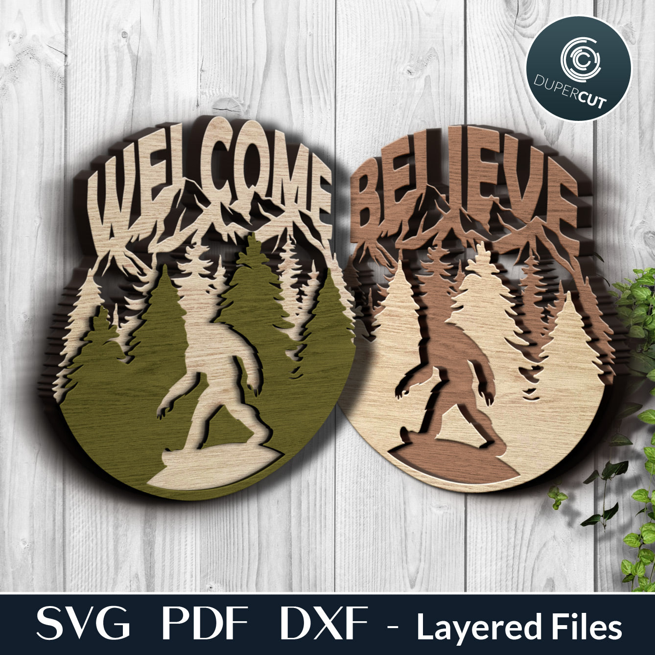 Dual-layer cutting files - Bigfoot, Yeti, Sasquatich, welcome sign. SVG PDF DXF files for laser cutting machines, Glowforge, CNC plasma.