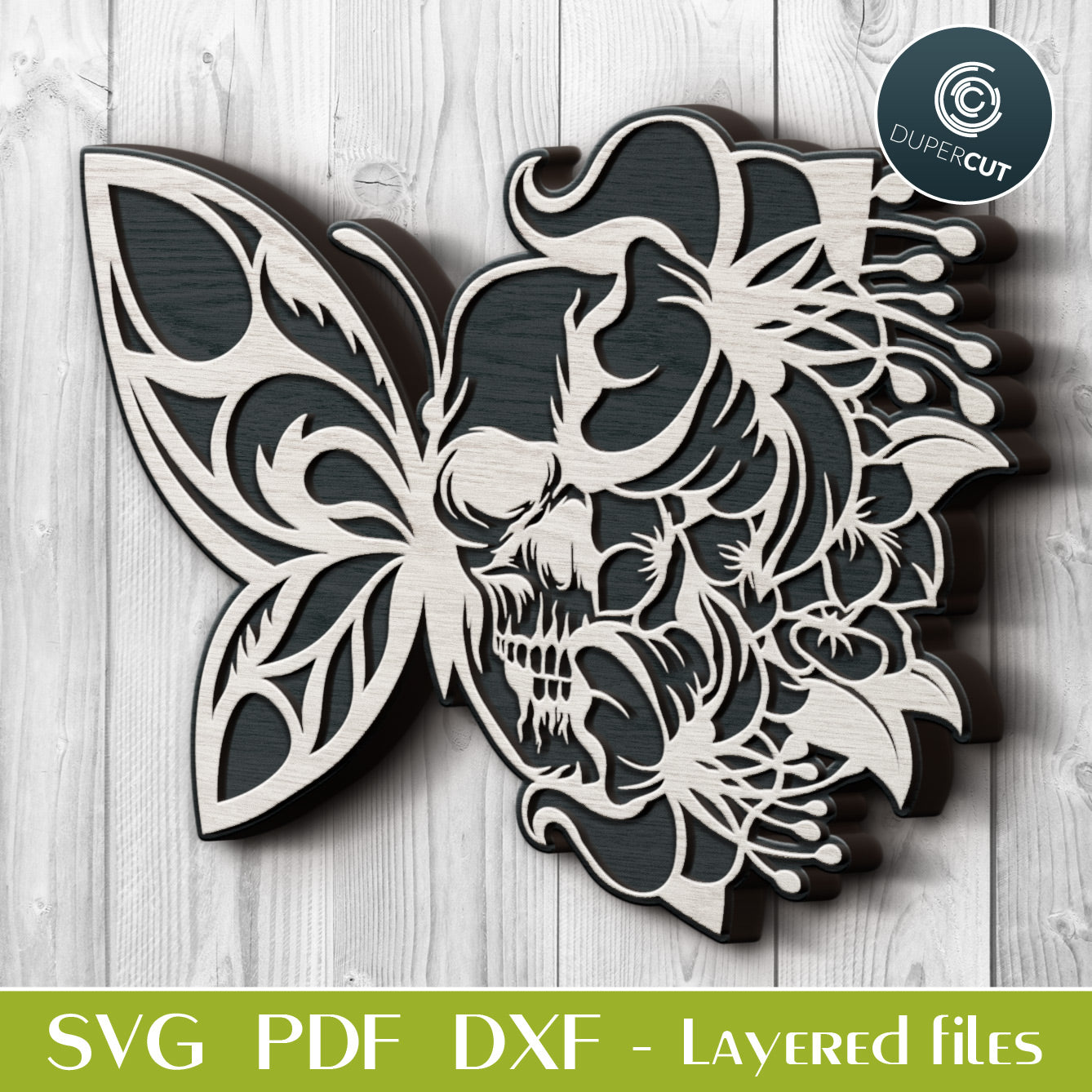 Gothic Half butterfly moth with skull - SVG DXF PNG layered cutting files for laser. For use with Glowforge, Cricut, Silhouette, CNC plasma machines