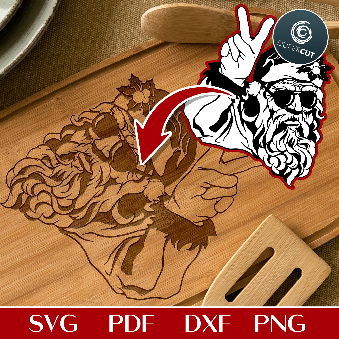 Santa in sunglasses holding up a peace sign, SVG PNG DXF cutting files for Cricut, Silhouette, Glowforge. Christmas gifts engraving, etching cutting boards.