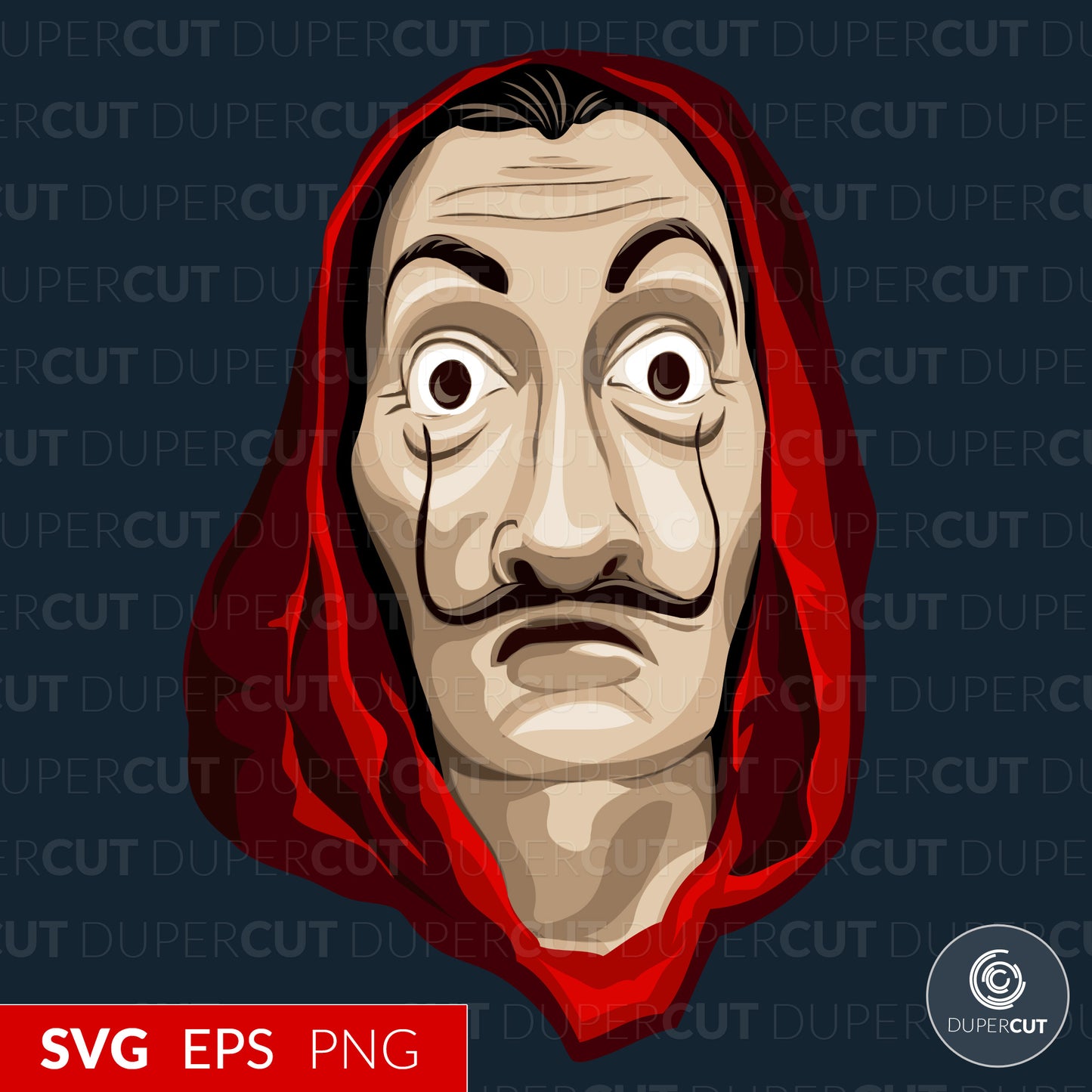 Bella Ciao Dali mask, Money Heist - EPS, SVG, PNG files. Vector Colour illustration for print on demand, sublimation, custom t-shirts, hoodies, tumblers.