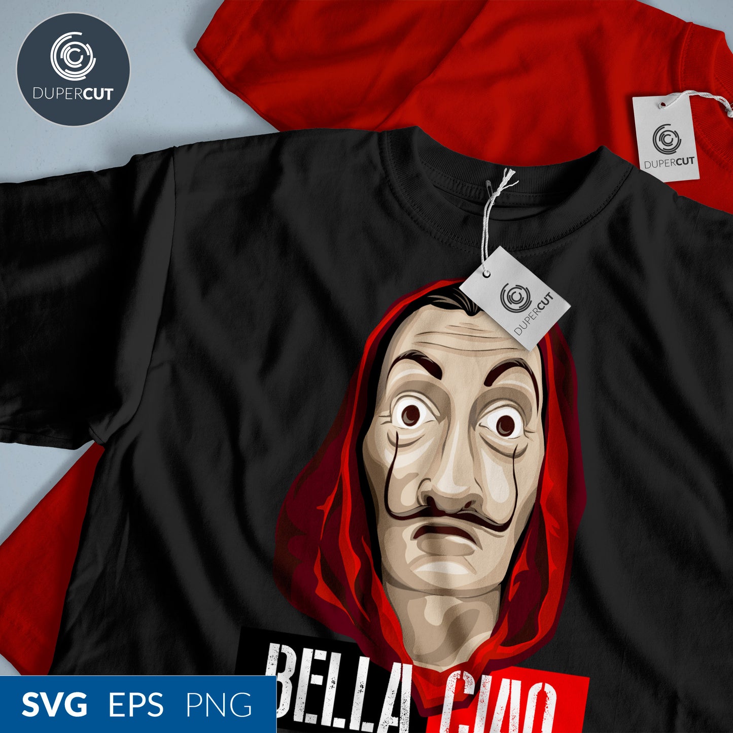 Bella Ciao Dali Mask - T-shirt design template - EPS, SVG, PNG files. Vector Colour illustration for print on demand, sublimation, custom t-shirts, hoodies, tumblers.