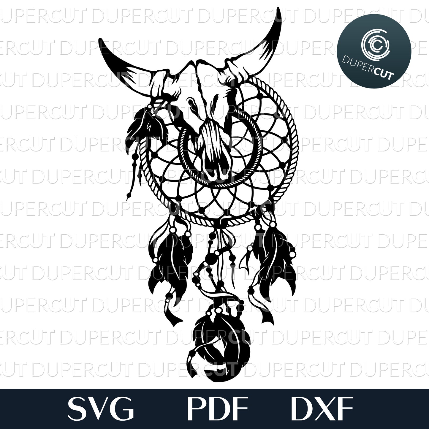 Paper cutting template - Dreamcatcher with cow skull - Native American - feathers headdress