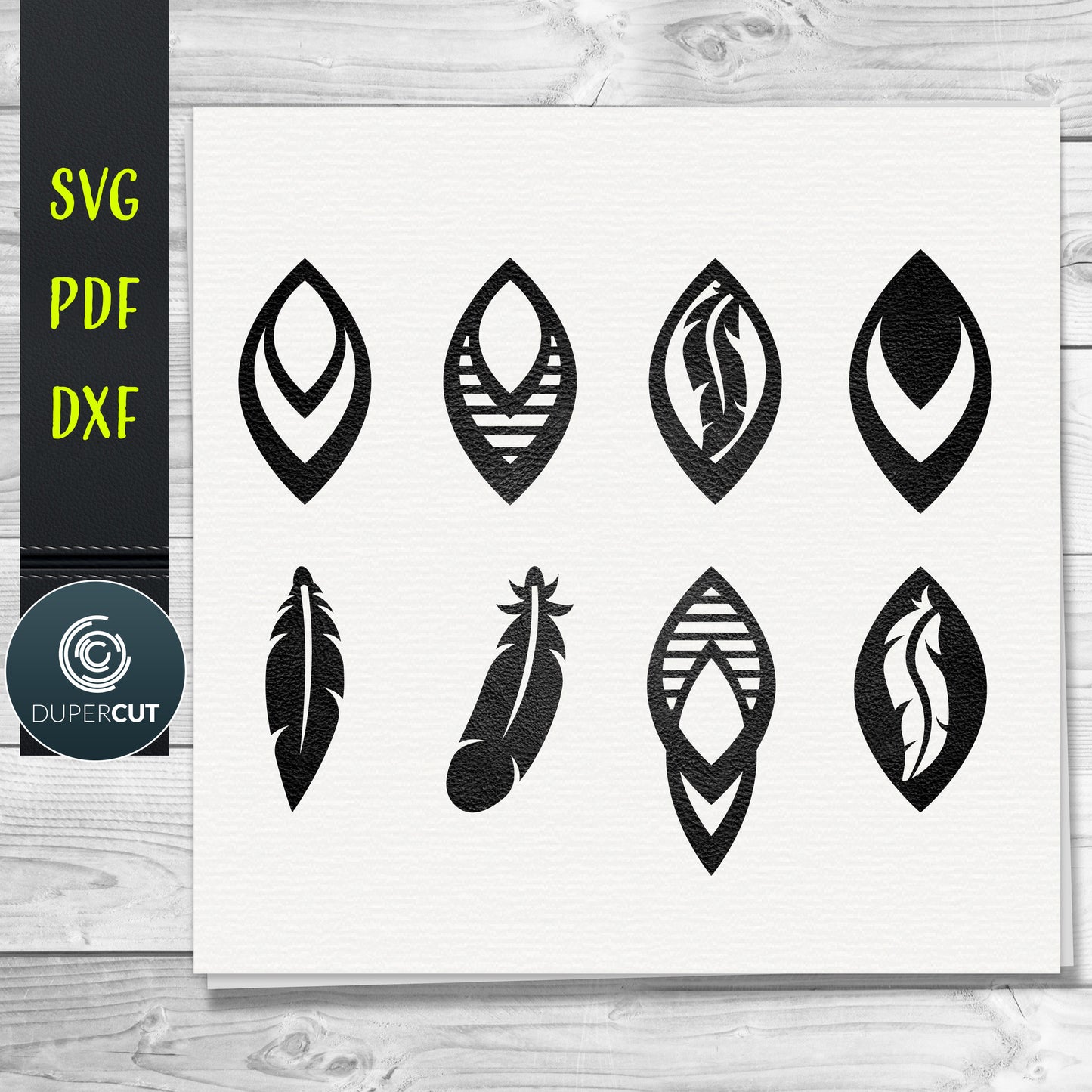 DIY Feather Leather Earrings SVG PDF DXF vector files. Jewellery making template for laser and cutting machines - Glowforge, Cricut, Silhouette Cameo.