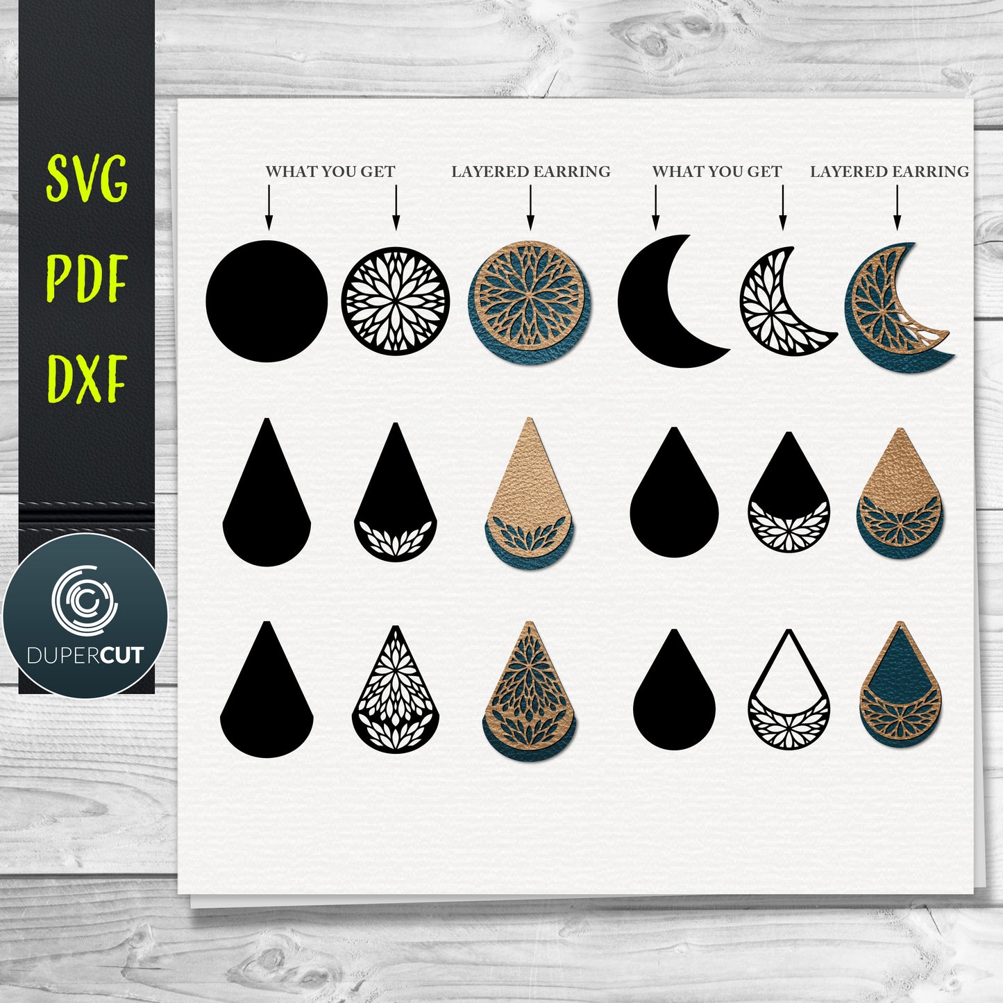 Layered Leather Earrings SVG PDF DXF vector files. Jewellery making template for laser and cutting machines - Glowforge, Cricut, Silhouette Cameo.