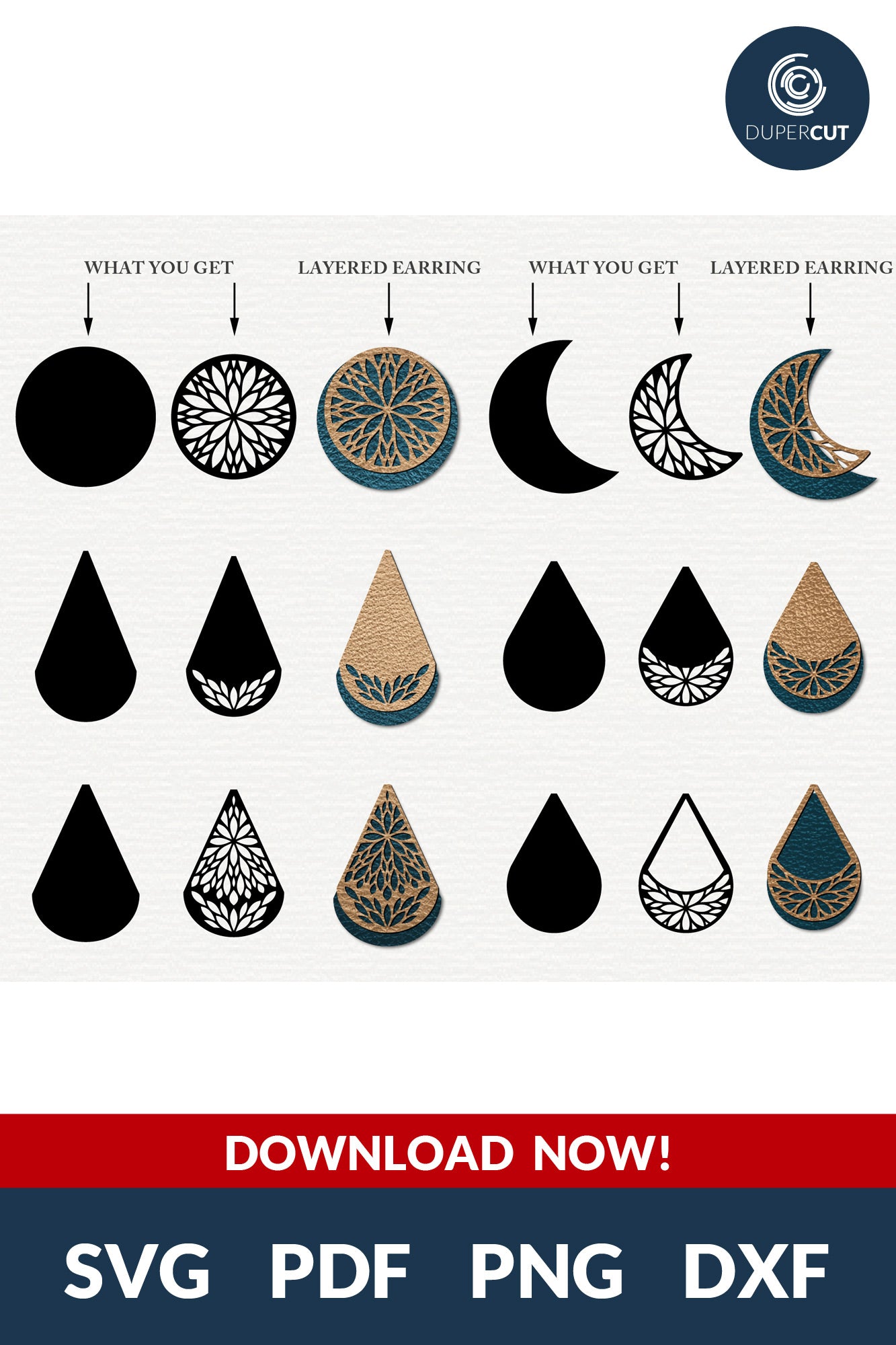 Layered Leather Earrings SVG PDF DXF vector files. Jewellery making template for laser and cutting machines - Glowforge, Cricut, Silhouette Cameo.