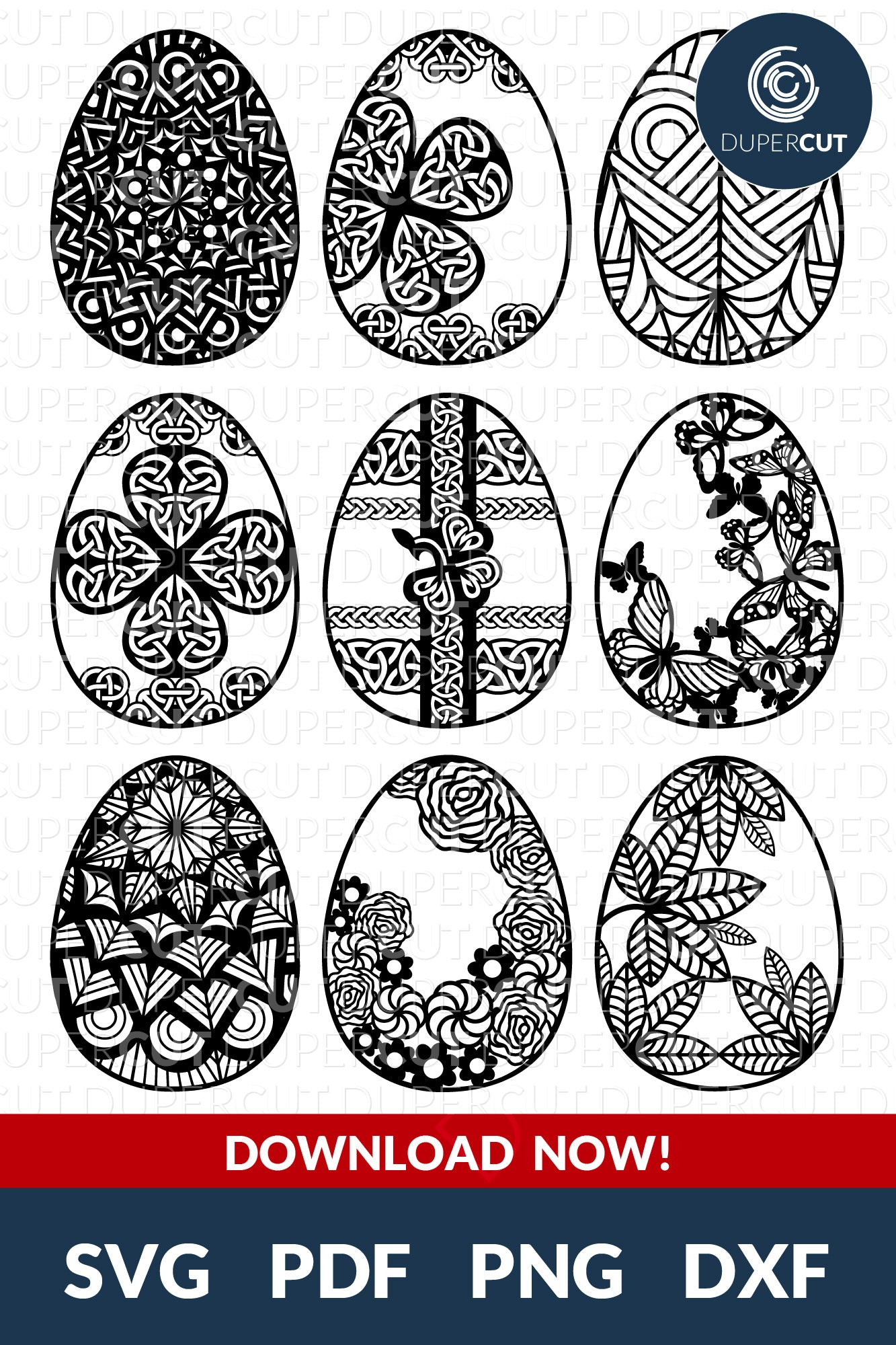 Easter eggs with butterflies, flowers, celtic knots - SVG DXF PNG vector files for laser and CNC machines, Cricut, Silhouette Cameo, Glowforge projects.