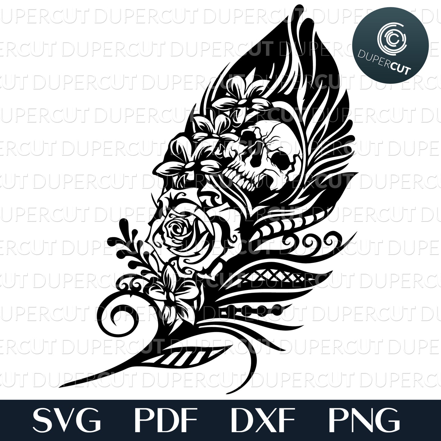Papercutting Template - Gothic Feather with flowers and skull, steampunk skull SVG PNG DXF cutting files for Cricut, Glowforge, Silhouette cameo, laser engraving