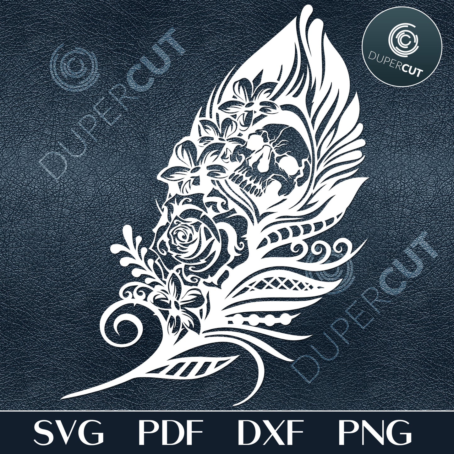 Papercutting Template - Floral Feather with Skull
