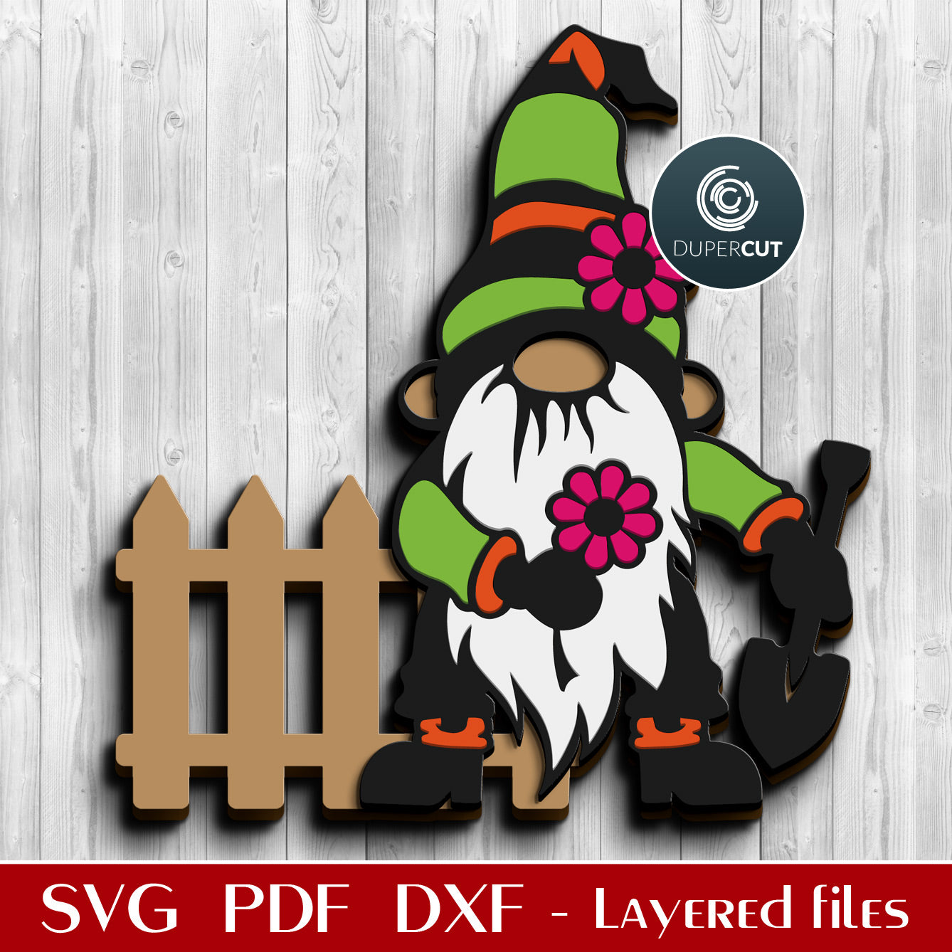 Garden gnome with flower - SVG DXF layered cutting files for Glowforge, Cricut, Silhouette cameo, CNC pattern by DuperCut.com