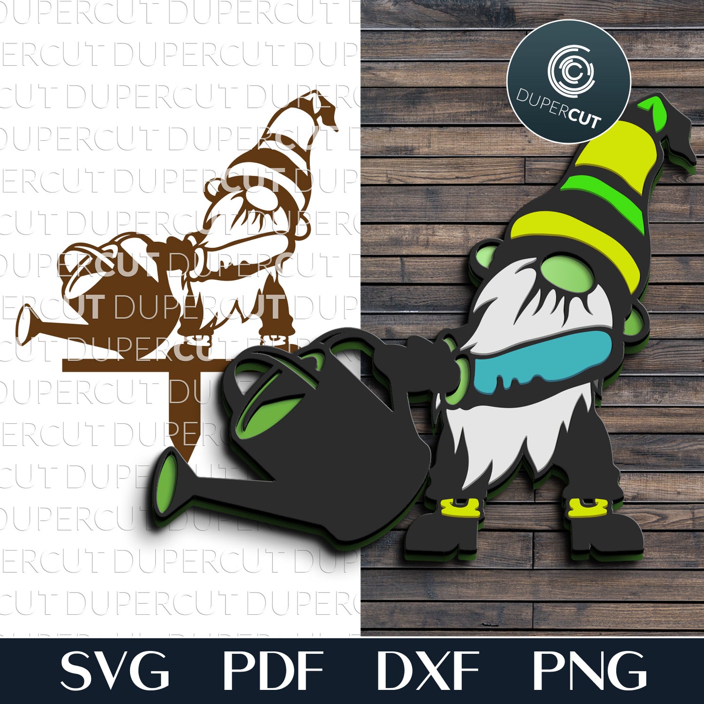 Garden gnome with watering can - DIY yard decoration - SVG DXF layered files for Glowforge, Cricut, Silhouette, CNC plasma machines pattern by www.DuperCut.com