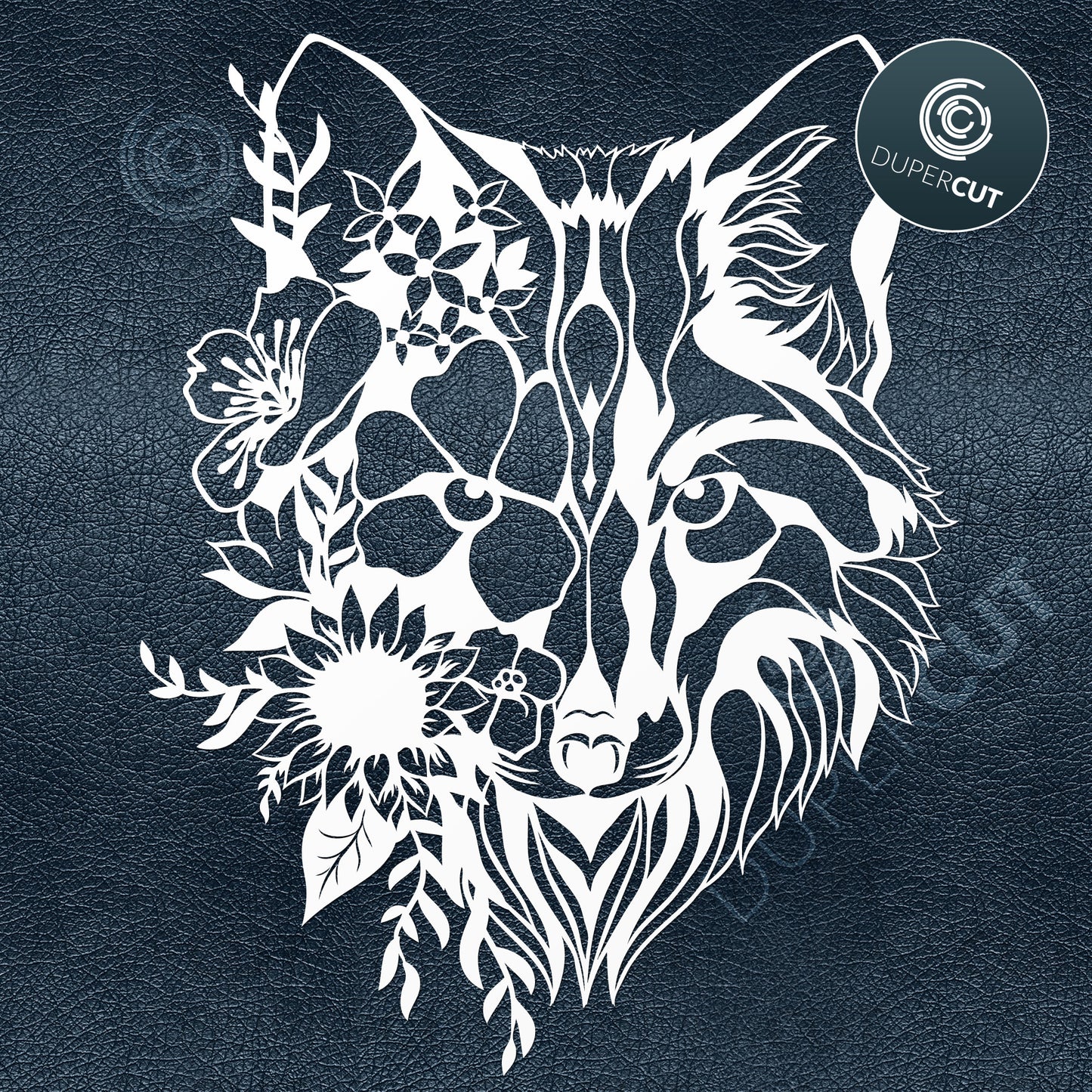 Paper Cutting Template - Half Wolf - Flower Bouquet