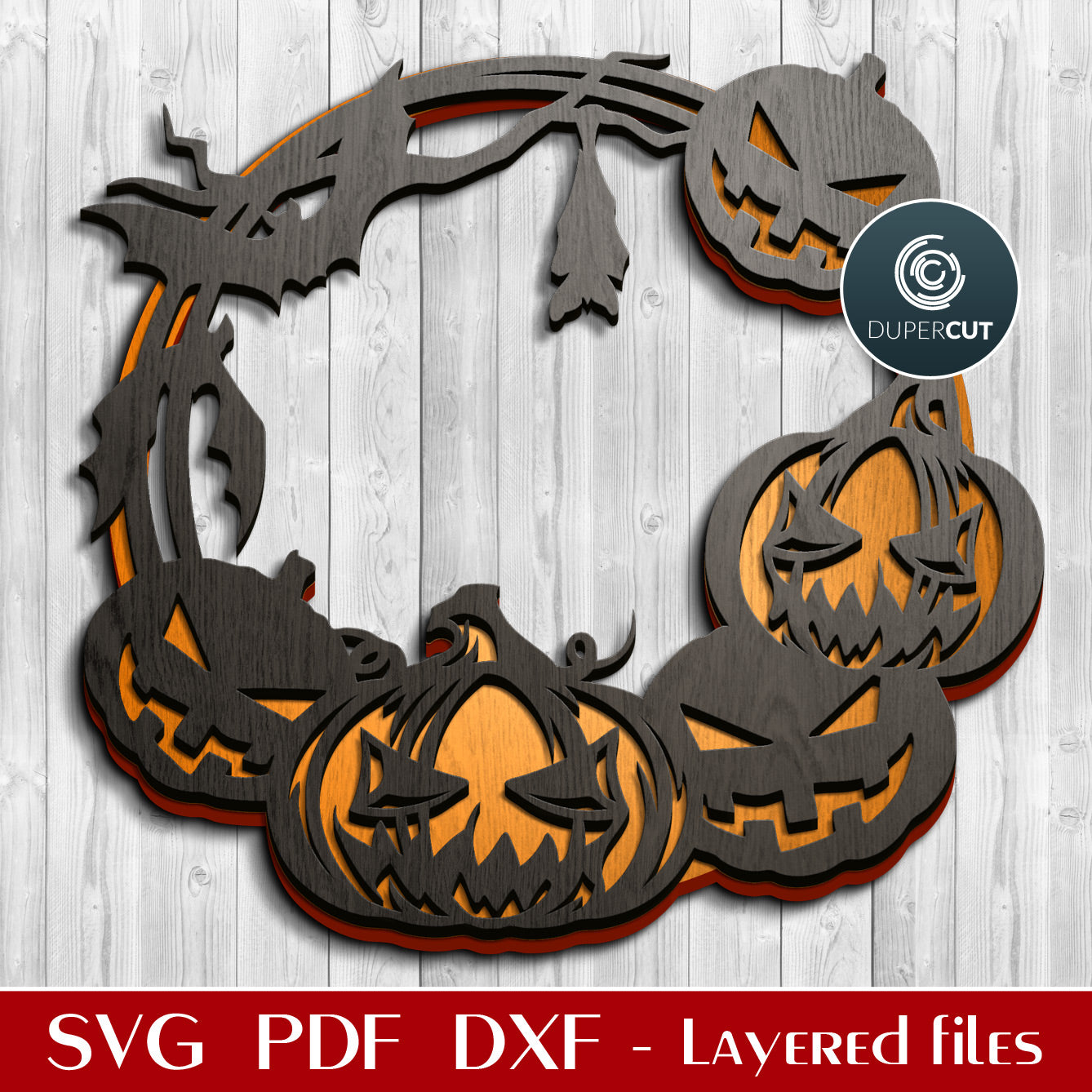 Halloween pumpkins door hanger sign - Layered SVG PDF DXF vector files for Glowforge, Cricut, Silhouette, laser cutting machines