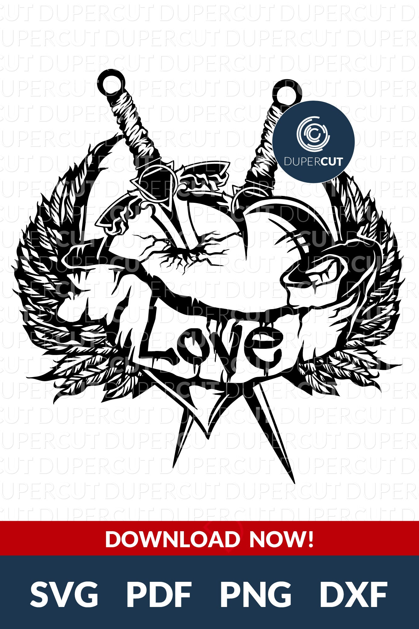 Winged heart with daggers, tattoo style line art. Papercutting template for commercial use. SVG files for Silhouette Cameo, Cricut, Glowforge, DXF for CNC, laser cutting, print on demand