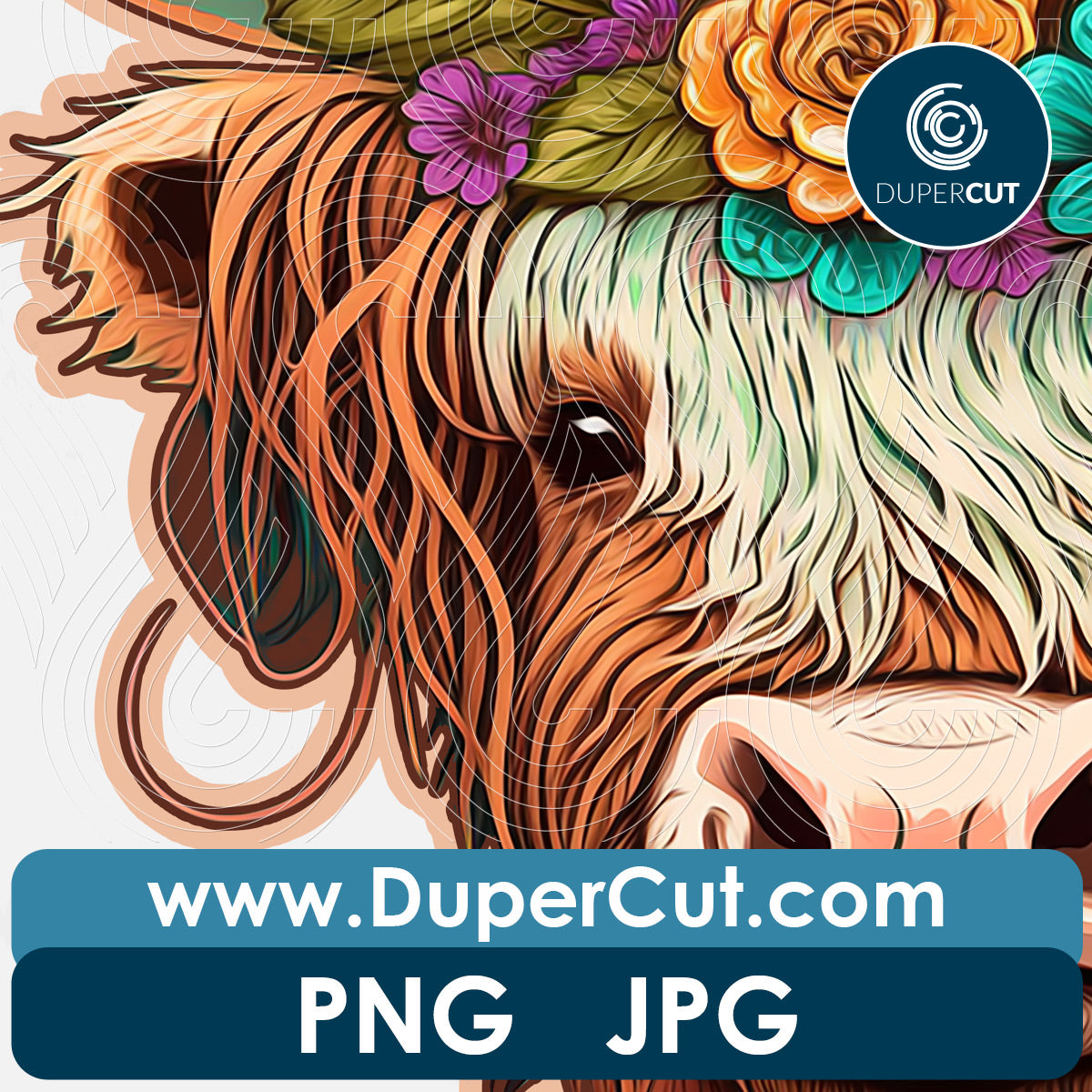 Highland cow with flowers - transparent background - PNG file sublimation pattern by www.dupercut.com