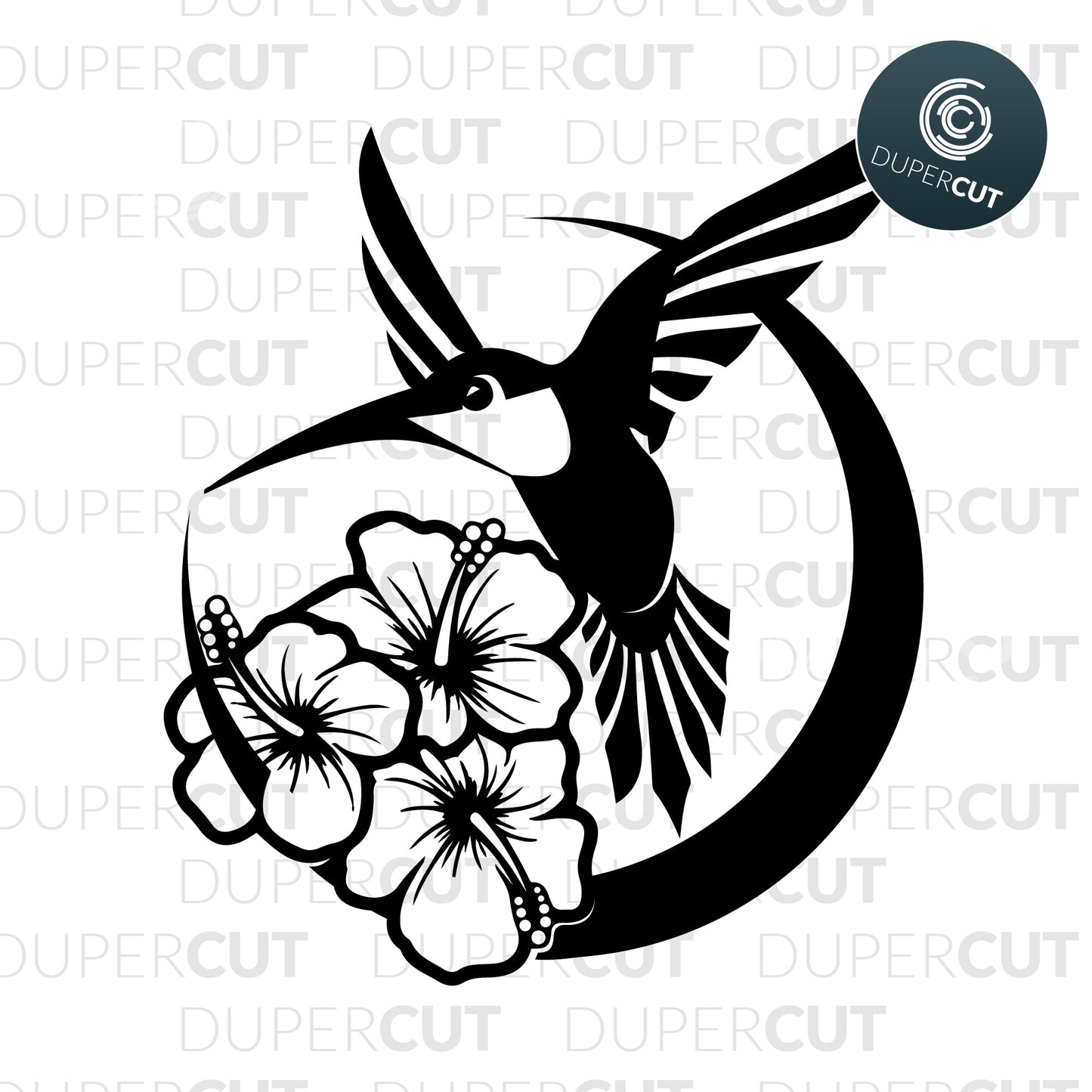 Black and white hummingbird with hibiscus flowers. Simple design for beginners. Paper cutting template - - SVG PNG DXF files for cutting machines: Cricut, Silhouette Cameo, Glowforge, CNC