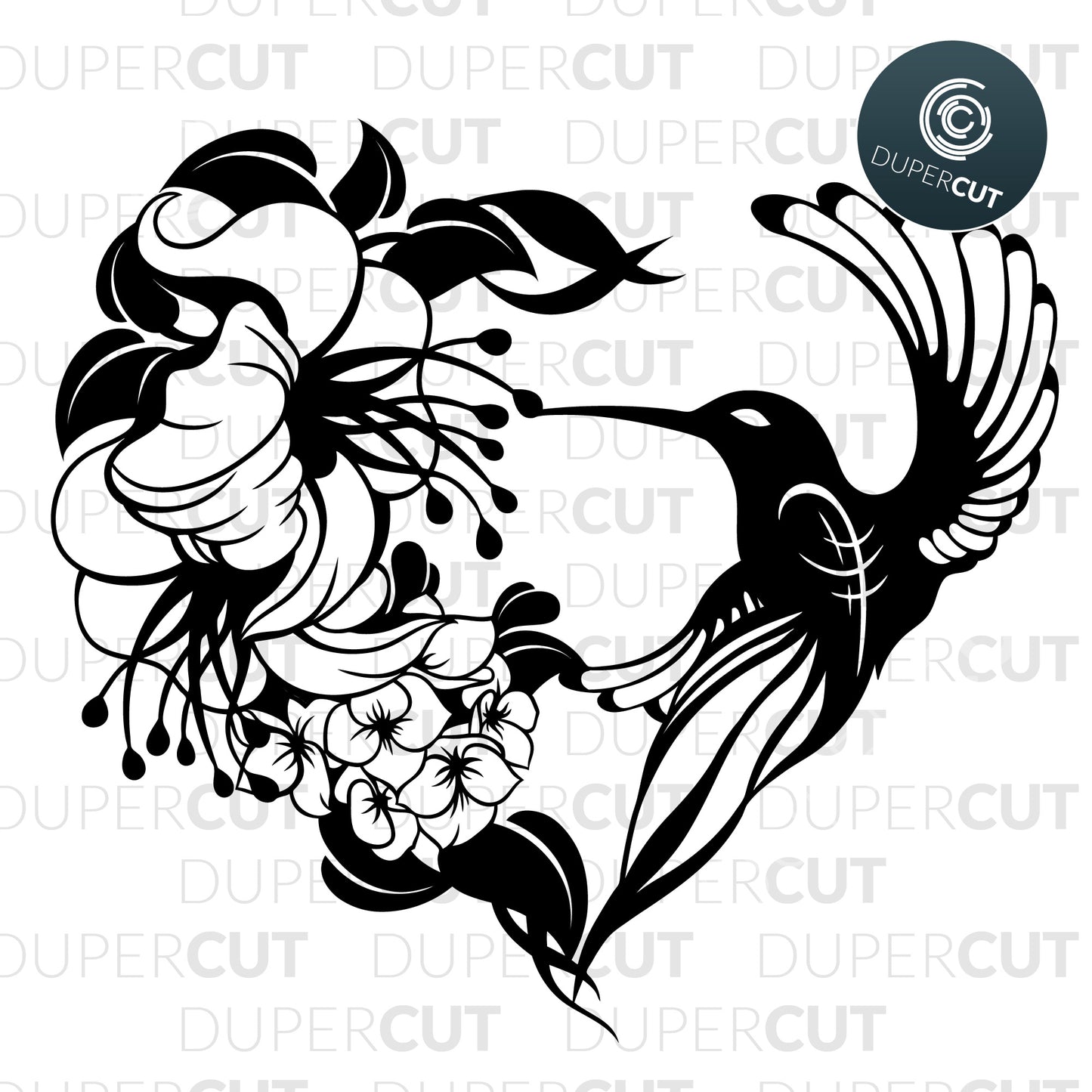 Hummingbird black and white, vinyl template, Papercutting template for personal use, commercial use. SVG files for Silhouette Cameo, Cricut, Glowforge, DXF for CNC, laser cutting, print on demand