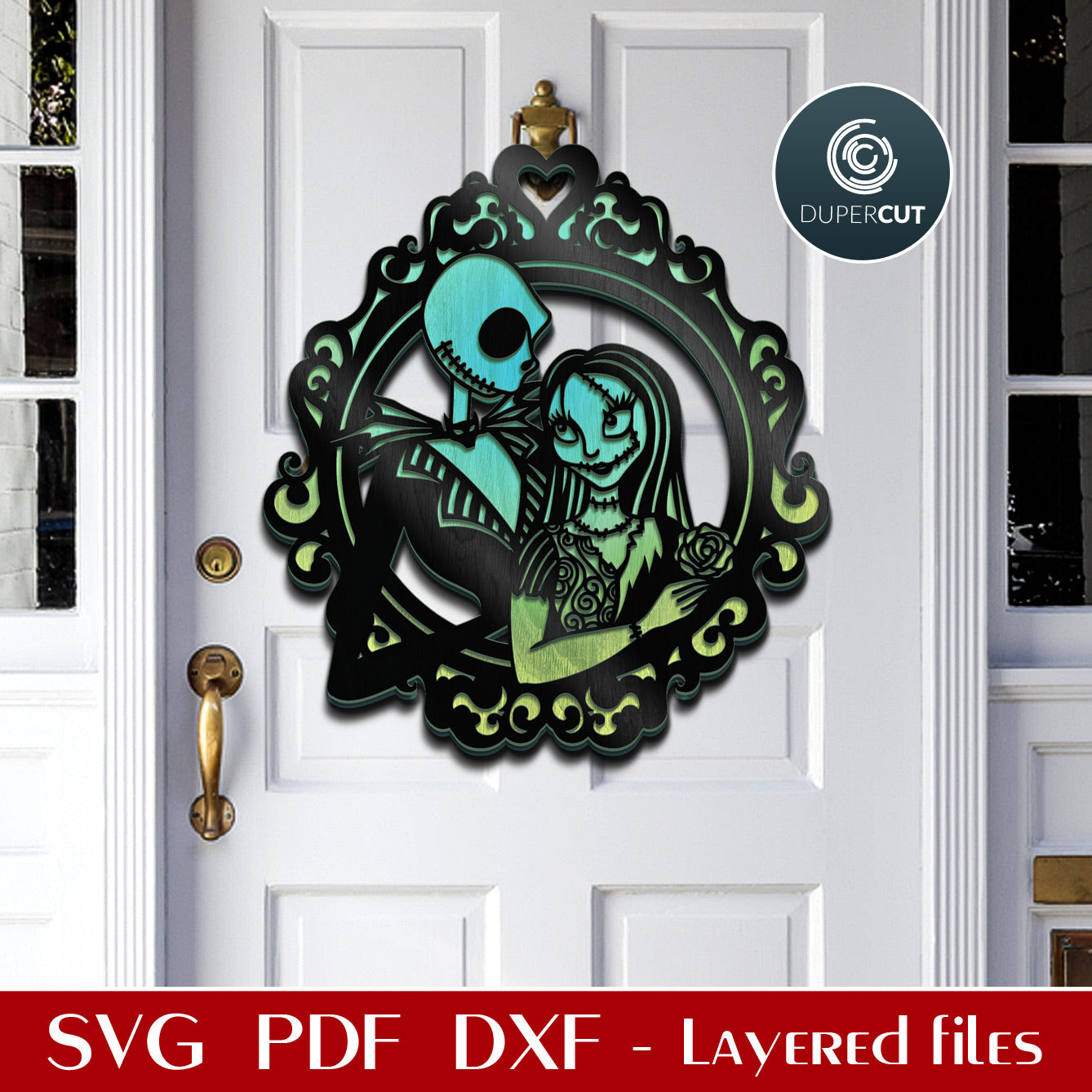 Jack and Sally door hanger layered cutting template - SVG DXF PNG vector files for laser and digital machines Glowforge, Cricut, Silhouette, CNC plasma by DuperCut
