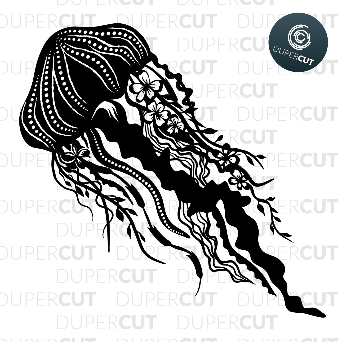 Jellyfish with leaves and flowers. Paper cutting template for personal or commercial use. SVG files for Silhouette Cameo, Cricut, Glowforge, DXF for CNC, laser cutting, print on demand