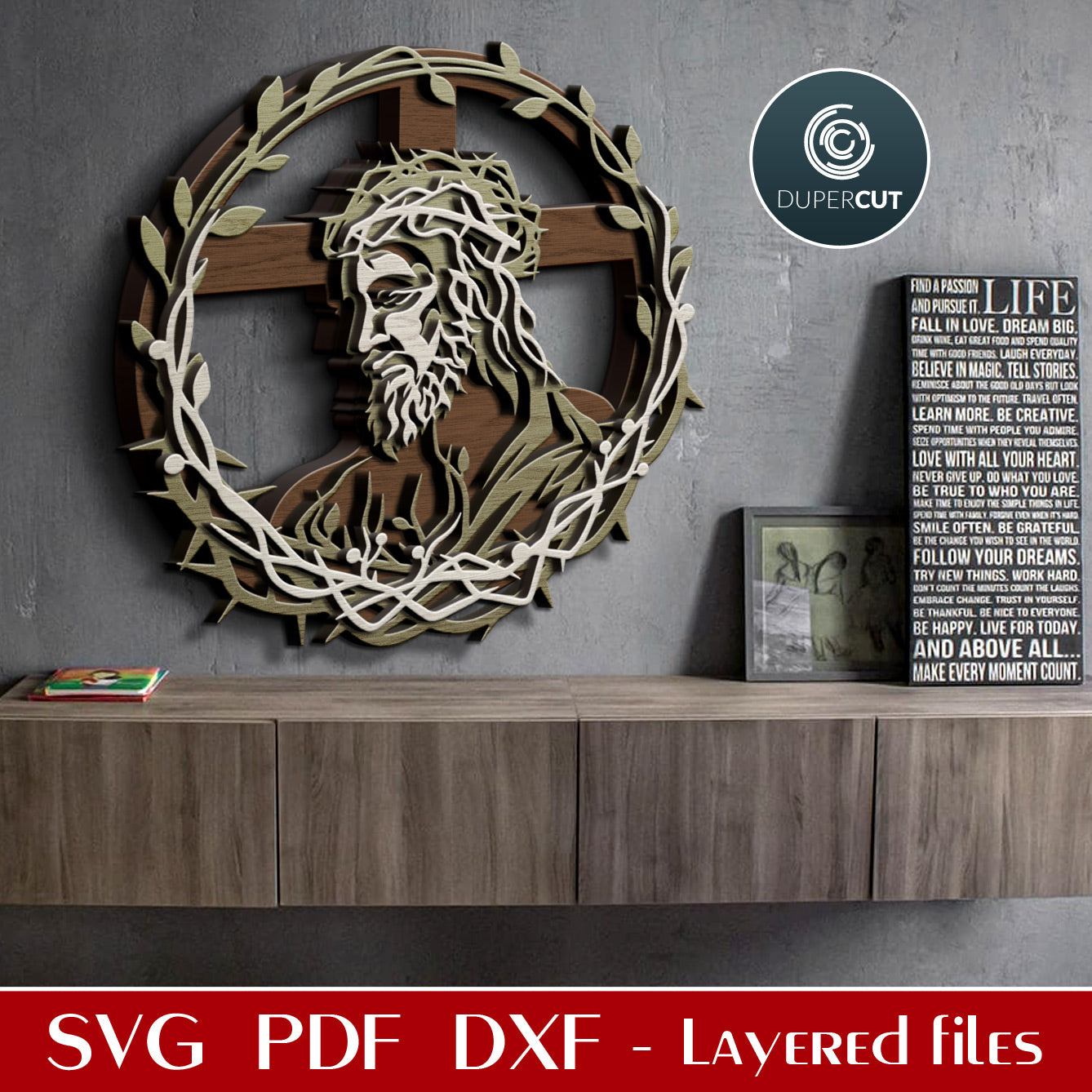 Jesus Christ in thorn crown cutting pattern - SVG DXF vector files for laser machines Glowforge, Cricut, CNC plasma, scroll saw by DuperCut.com