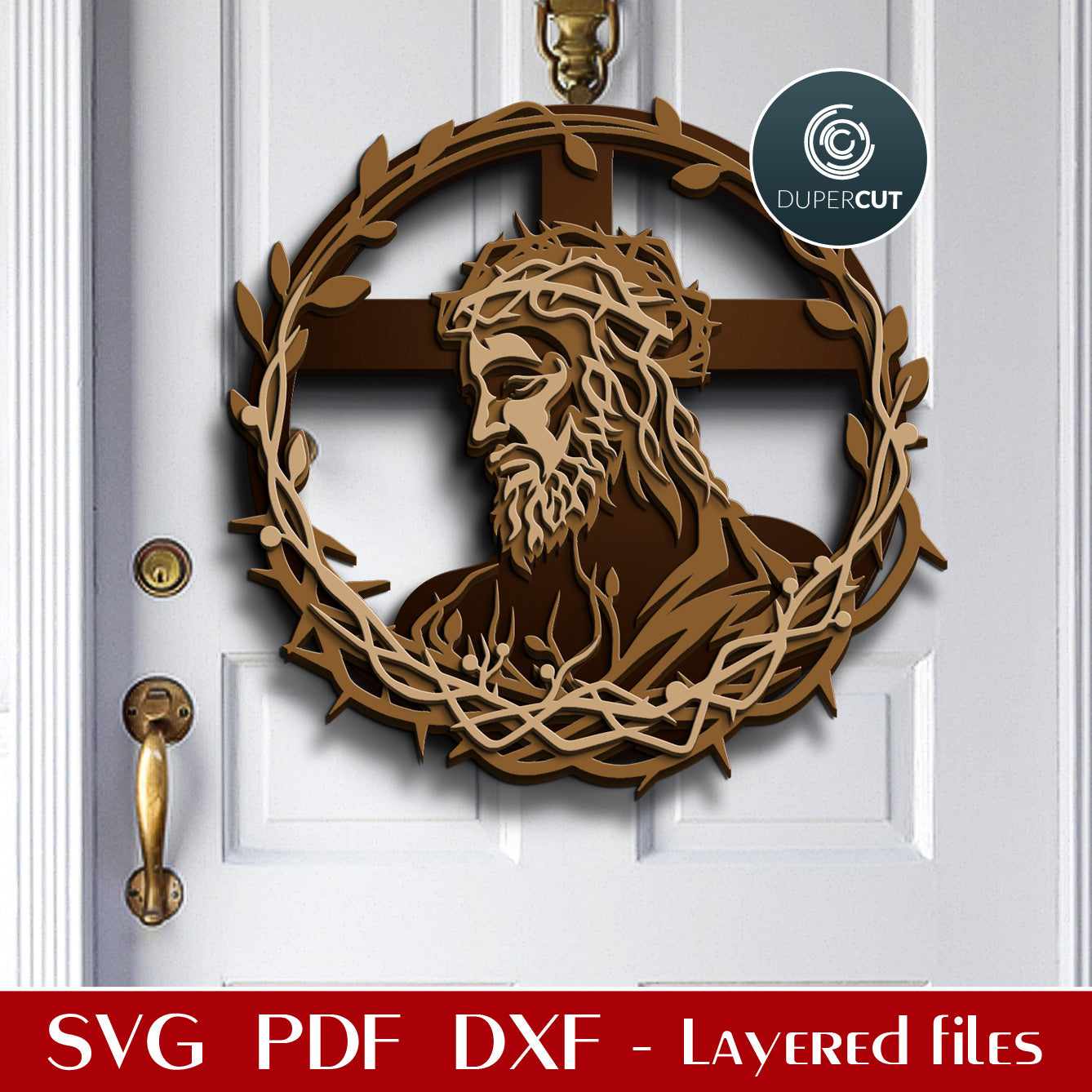 Jesus Christ wreath layered door hanger cutting pattern  - SVG DXF vector files for laser machines Glowforge, Cricut, CNC plasma, scroll saw by DuperCut.com