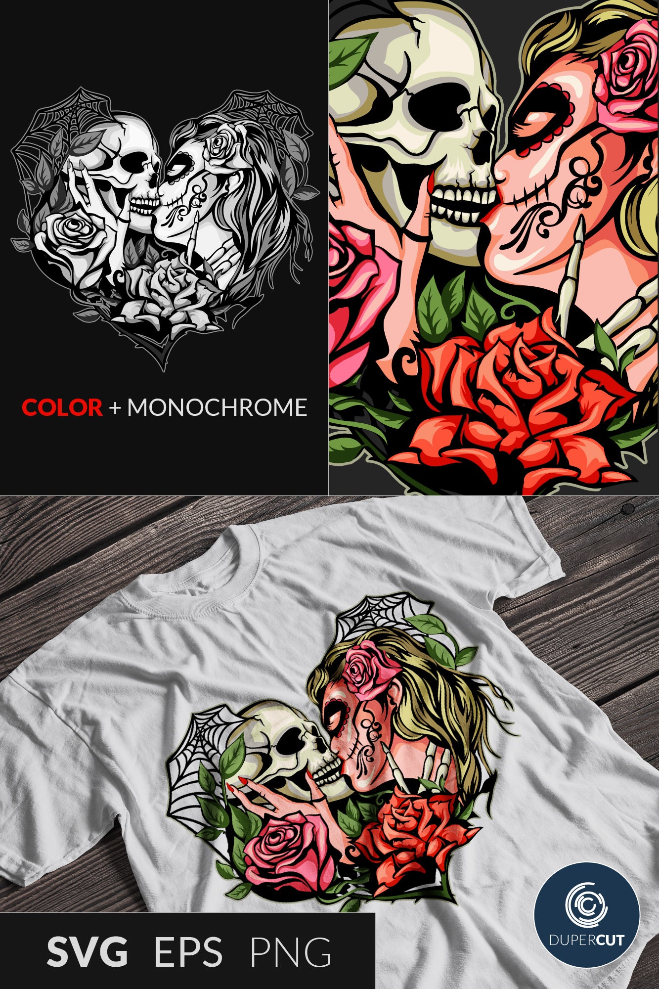 Sugar Skull kiss, day of the dead - Custom t-shirt design template - EPS, SVG, PNG files. Vector Colour illustration for print on demand, sublimation, custom t-shirts, hoodies, tumblers.