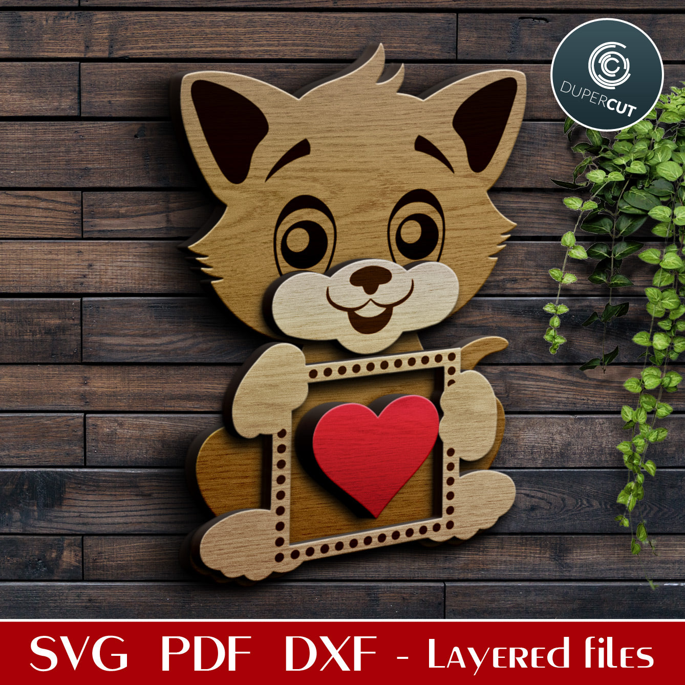 Valentines Day Kitten with heart - Layered laser cutting files - SVG PDF vector template for Glowforge, Cricut, Silhouette Cameo, CNC plasma machines
