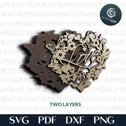Floral heart wreath for Valentines day - dual-layer cutting files SVG PDF DXF template for Glowforge, Cricut, Silhouette cameo, CNC plasma machines