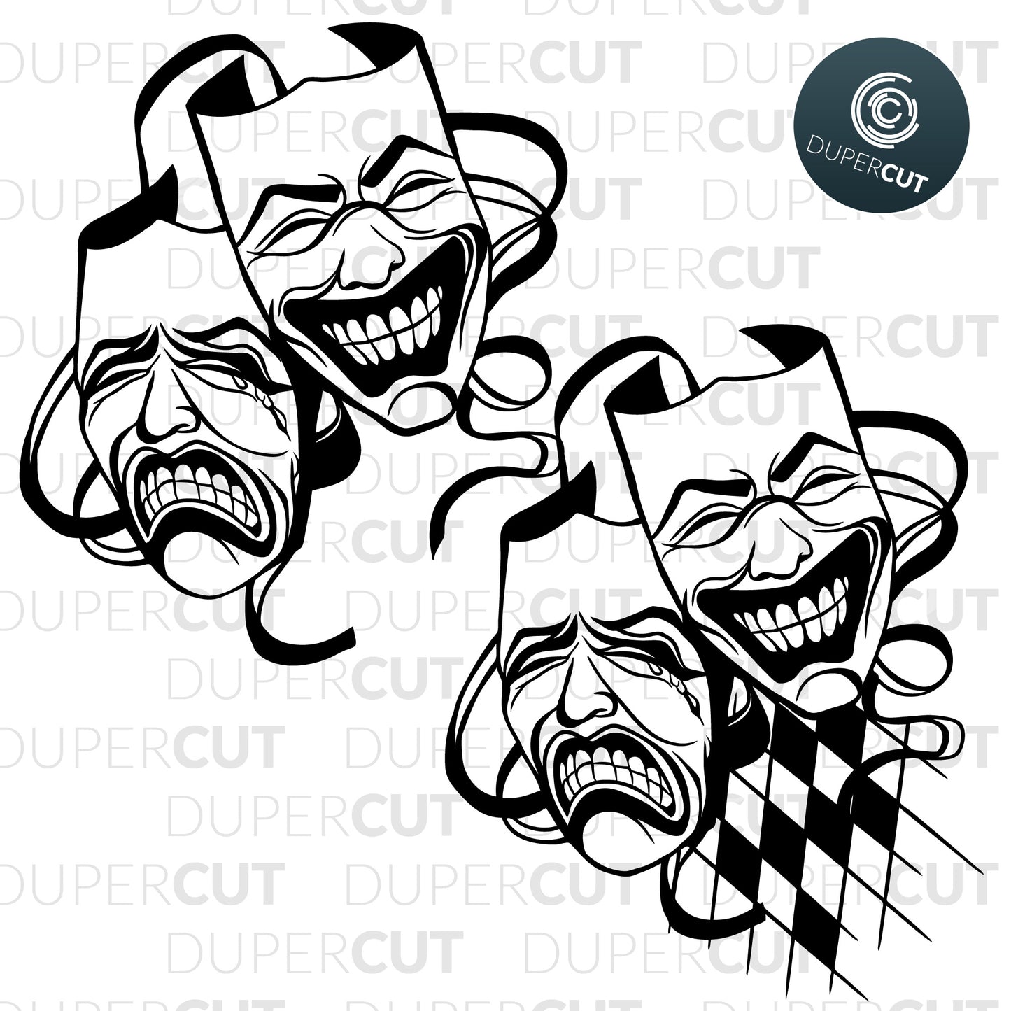 Theater masks, black line art vector template - SVG DXF PNG files for Cricut, Glowforge, Silhouette Cameo, CNC Machines