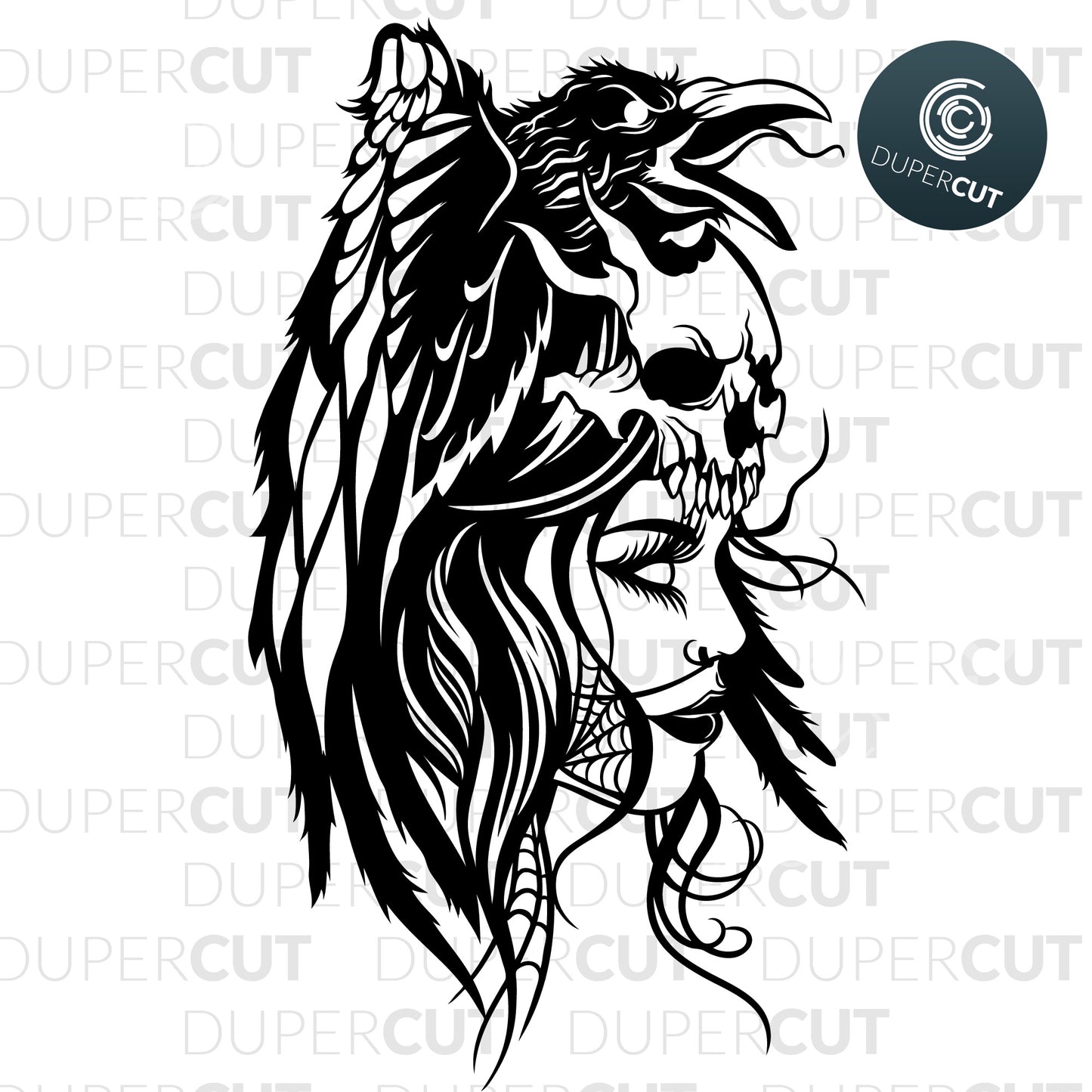 Morrigan Crow Queen black and white steampunk illustration. SVG JPEG DXF files. Template for paper cutting, laser, print on demand. For use with Cricut, Glowforge, Silhouette Cameo, CNC machines. Personal or commercial license.