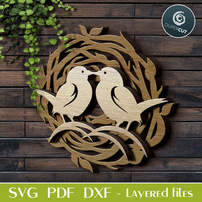 Love birds kissing in nest layered template. SVG PDF DXF files for laser cutting, engraving, Cricut, Silhouette Cameo, Glowforge, CNC Plasma machines by DuperCut