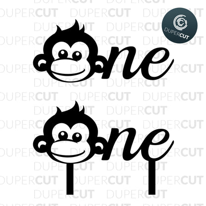 ONE - SVG, DXF, PNG files for DIY Cake topper with cute monkey for first birthday. Printable, for Cricut, Silhouette Cameo, Glowforge, CNC machines.