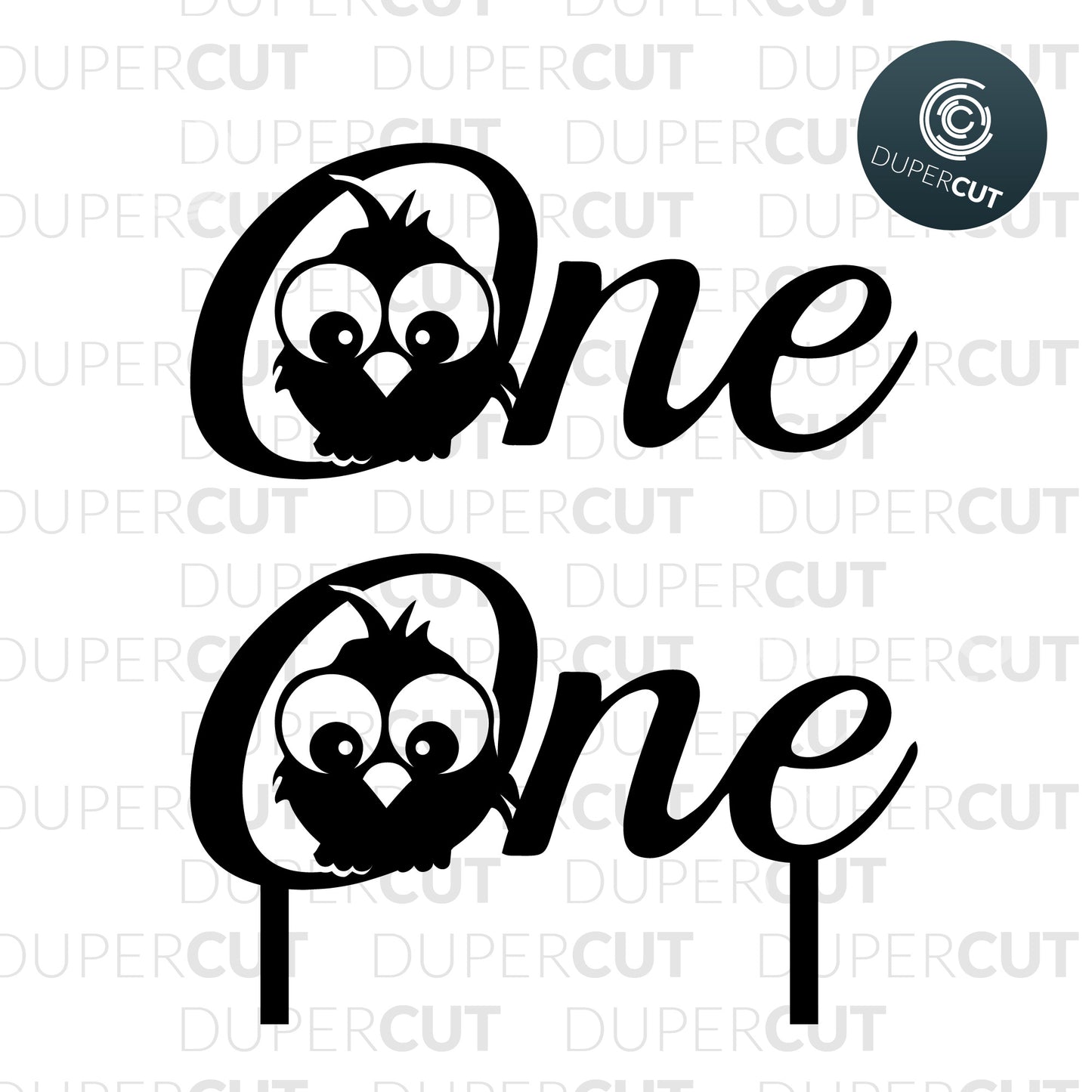 ONE - SVG, DXF, PNG files for DIY Cake topper with owl for first birthday. Printable, for Cricut, Silhouette Cameo, Glowforge, CNC machines.
