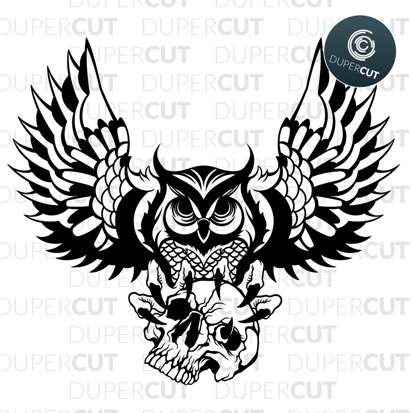 Owl with skull black line drawing, gothic illustration - SVG DXF JPEG files for CNC machines, laser cutting, Cricut, Silhouette Cameo, Glowforge engraving