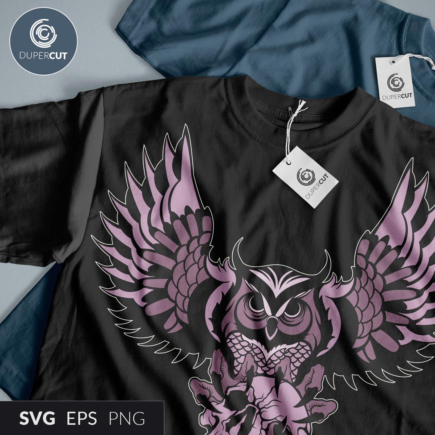 Flying owl tattoo - Custom apparel design, Amazon merch template - EPS, SVG, PNG files. Vector Colour illustration for print on demand, sublimation, custom t-shirts, hoodies, tumblers.